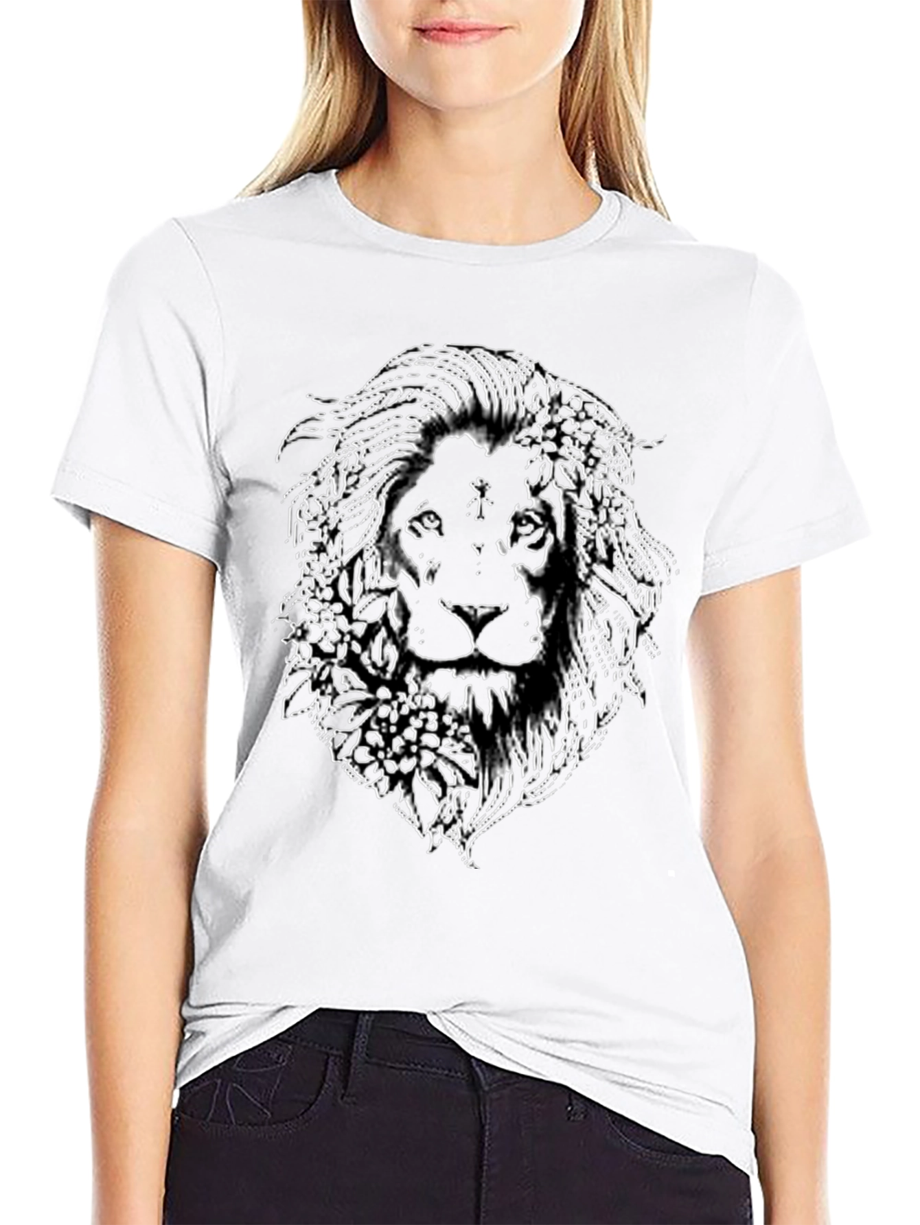 Lion Floral Outline Graphic Tee - Black