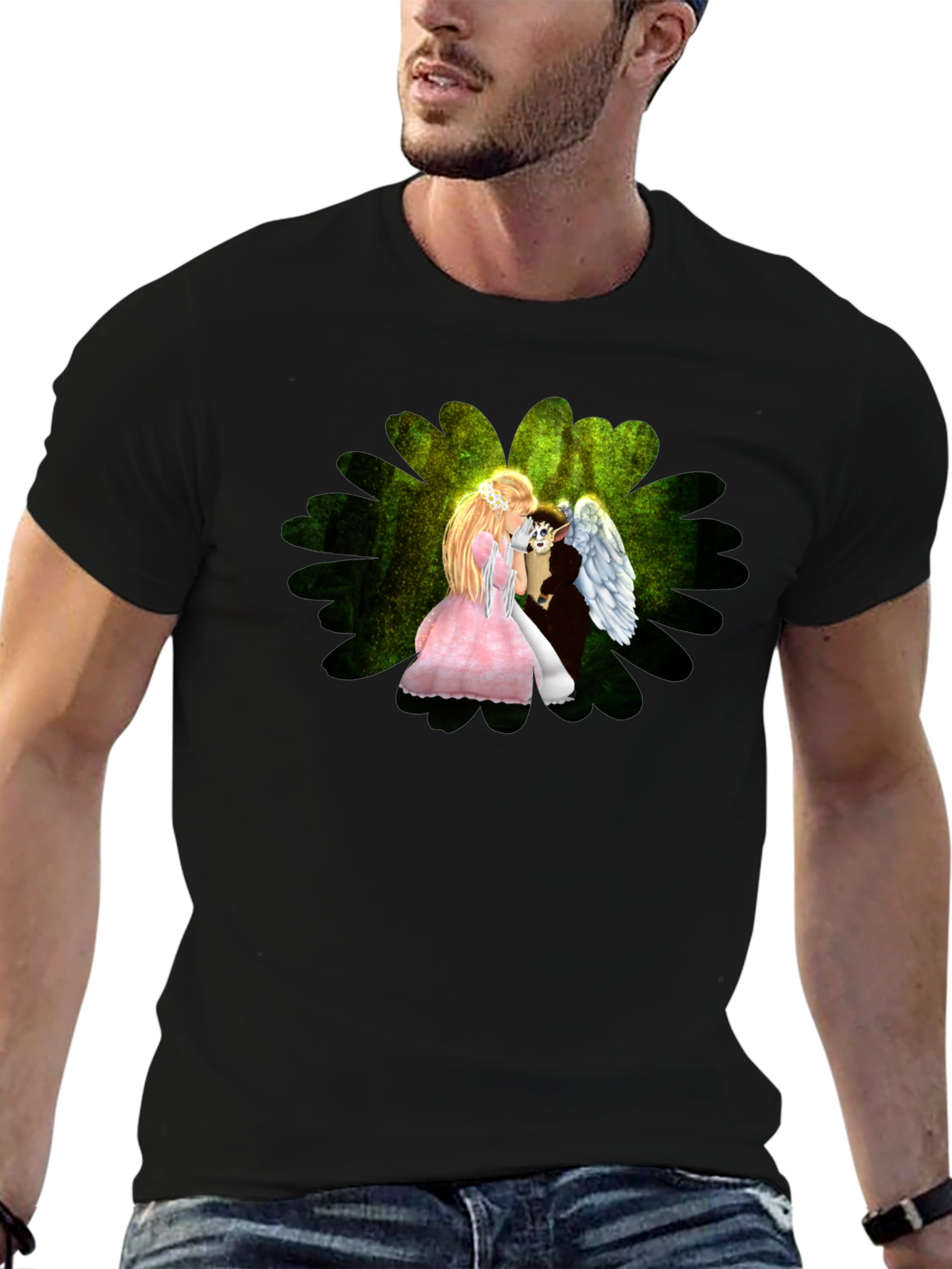 Angel & Elf Black T-Shirt - Fantasy Art Tee