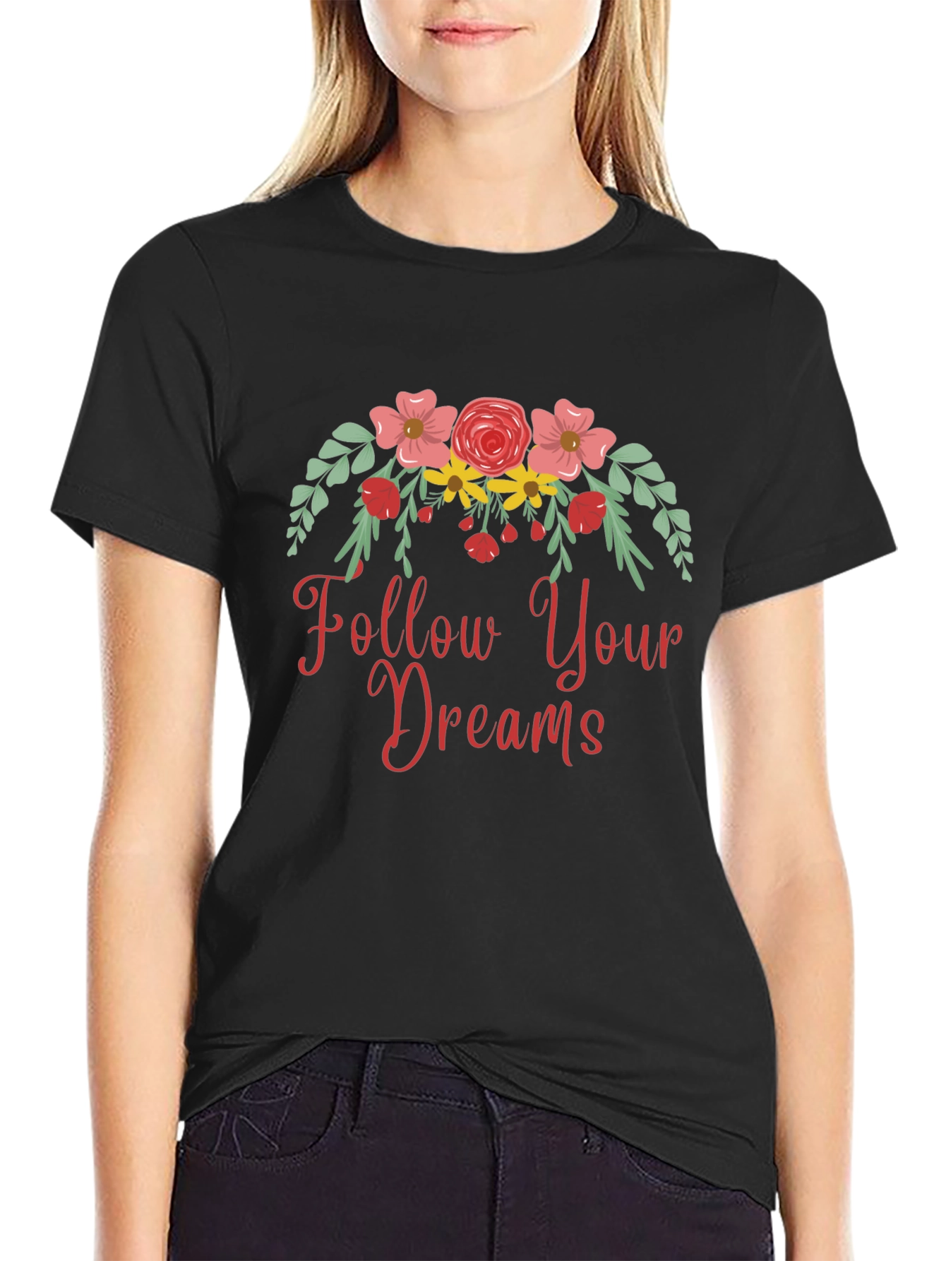 Follow Your Dreams Floral Graphic Tee - Black