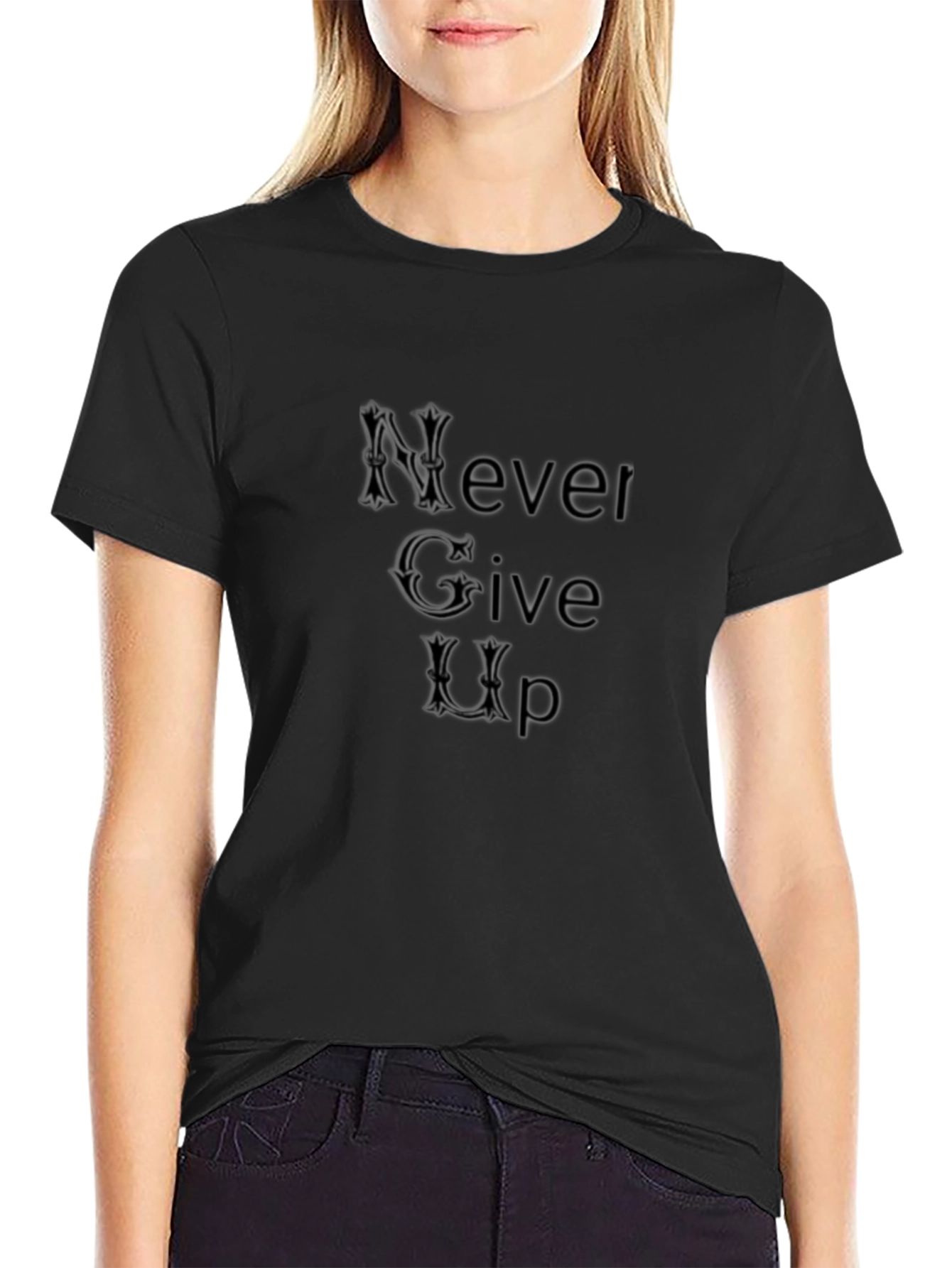 Never Give Up Stylish Black Tee