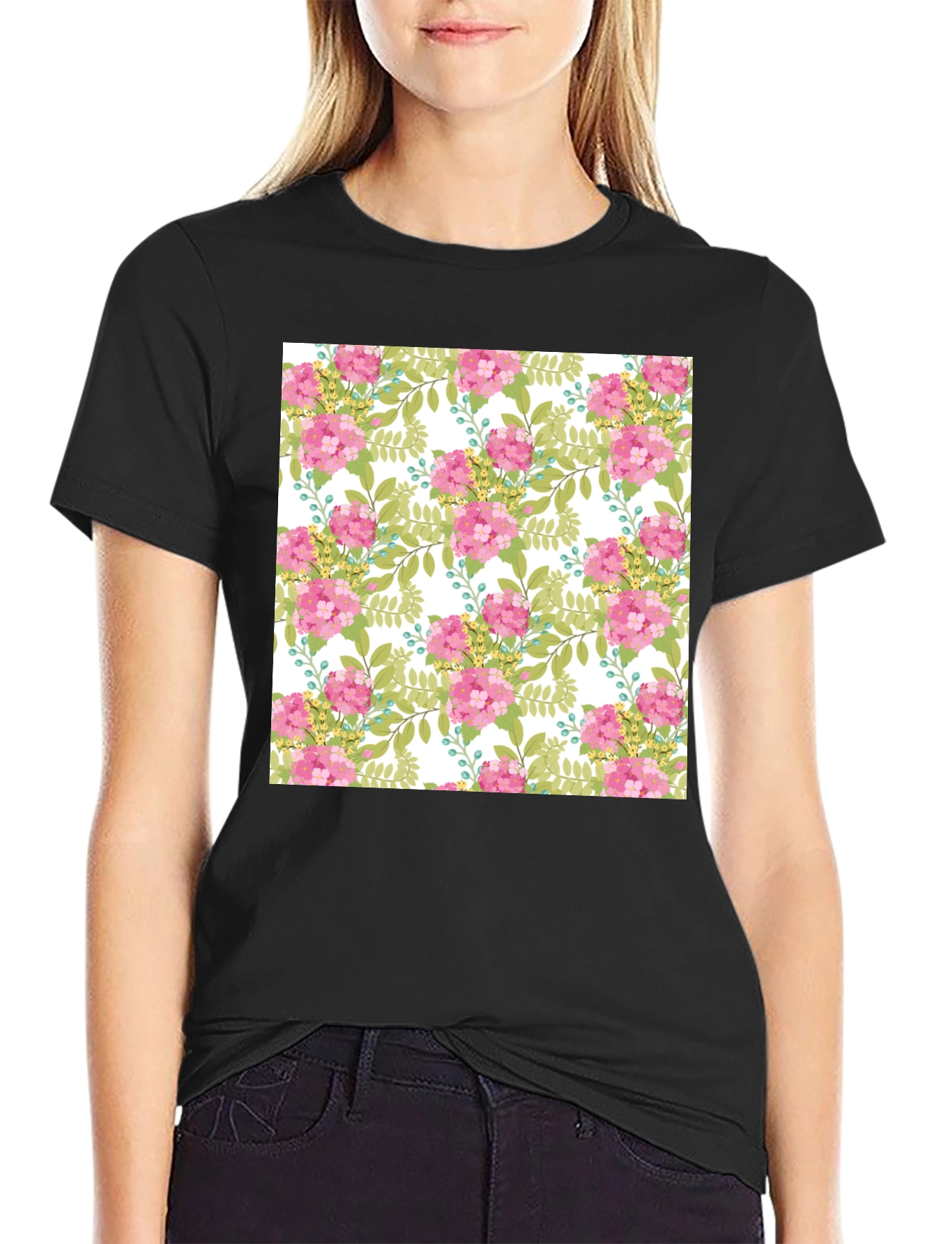 Floral Pattern Black T-Shirt