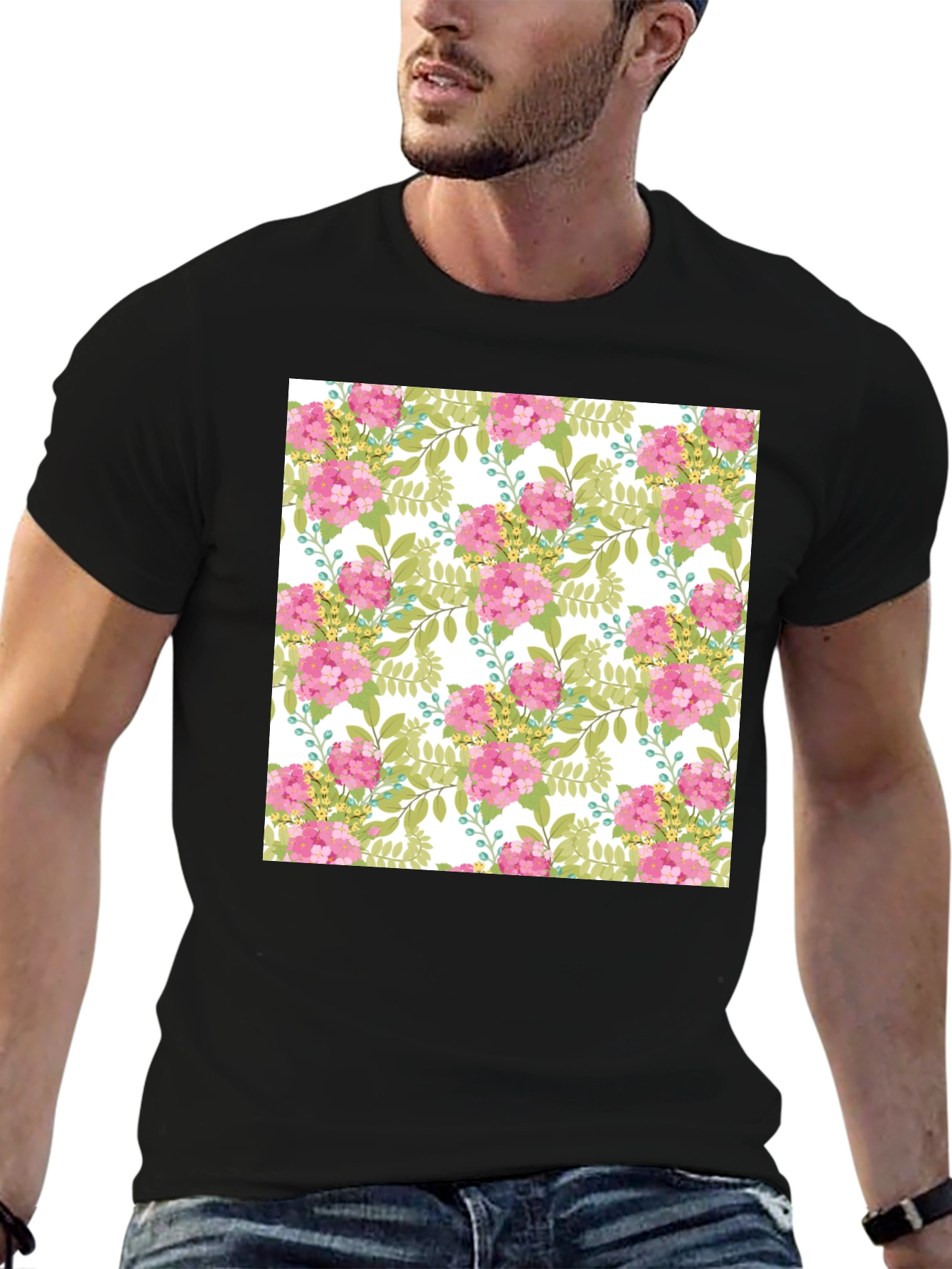 Floral Pattern Black T-Shirt