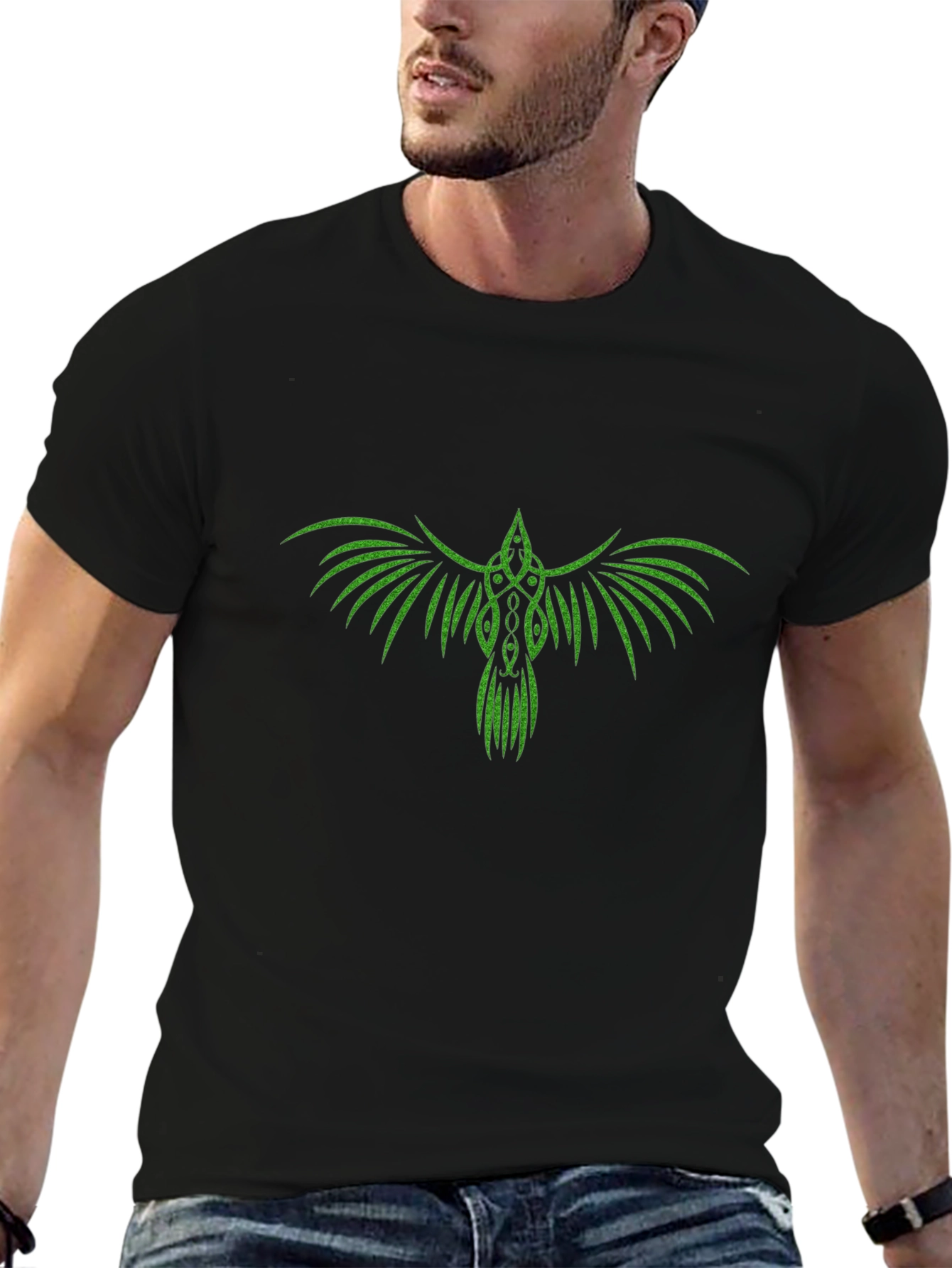 Green Raven Graphic Black T-Shirt