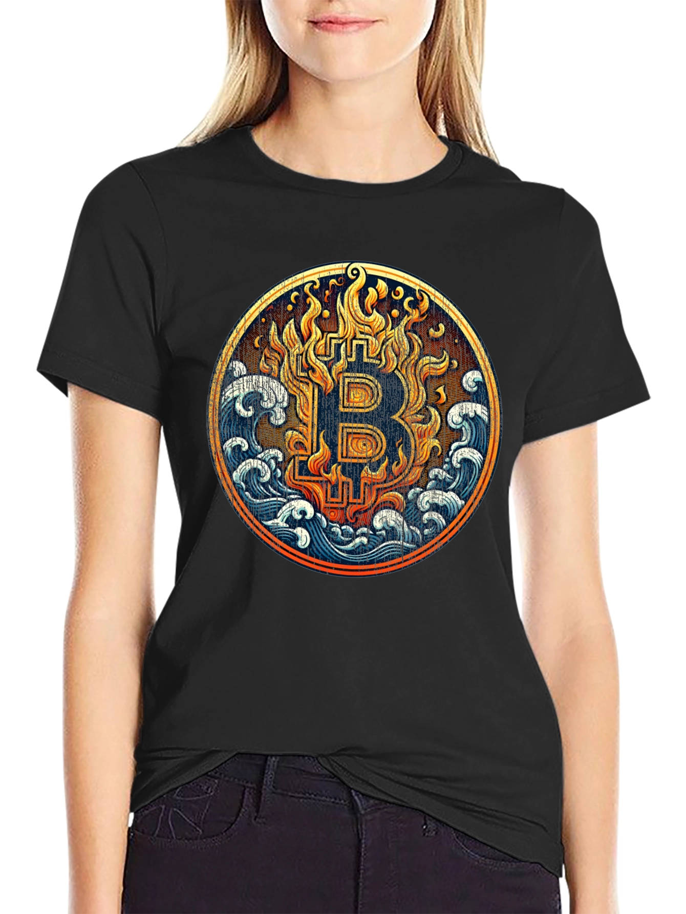Bitcoin Fire & Water Graphic Black T-Shirt
