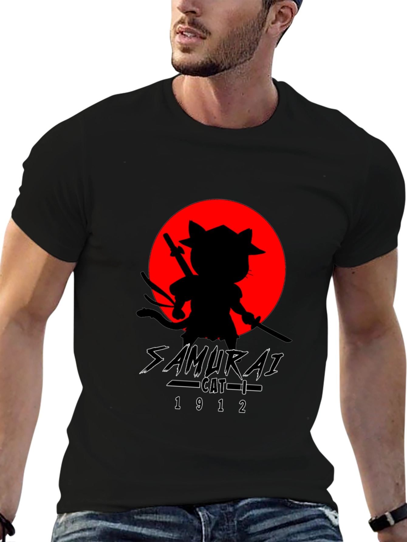 Samurai Cat T-Shirt - Black Graphic Tee