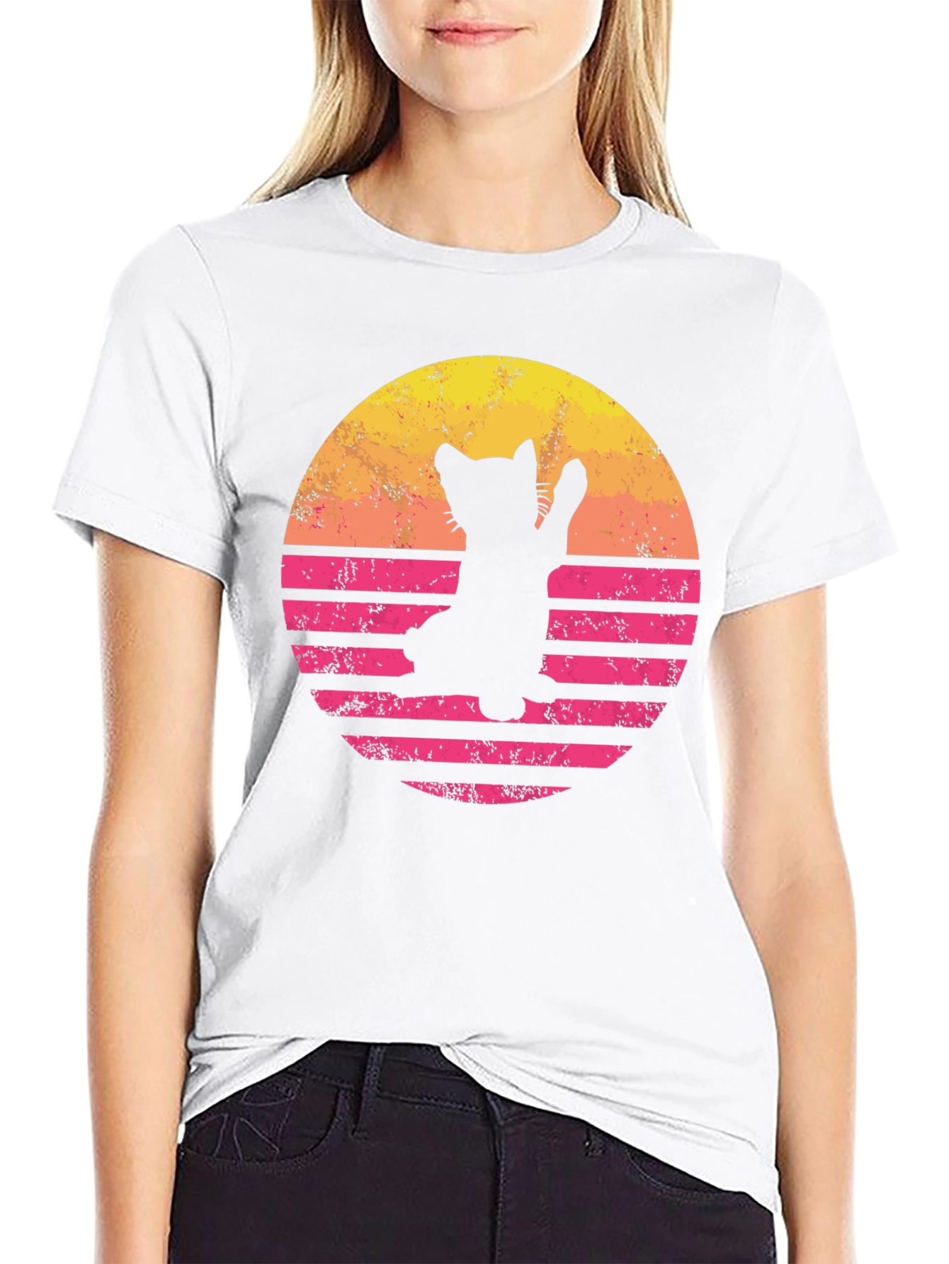 Retro Cat Sunset Graphic Tee - Black