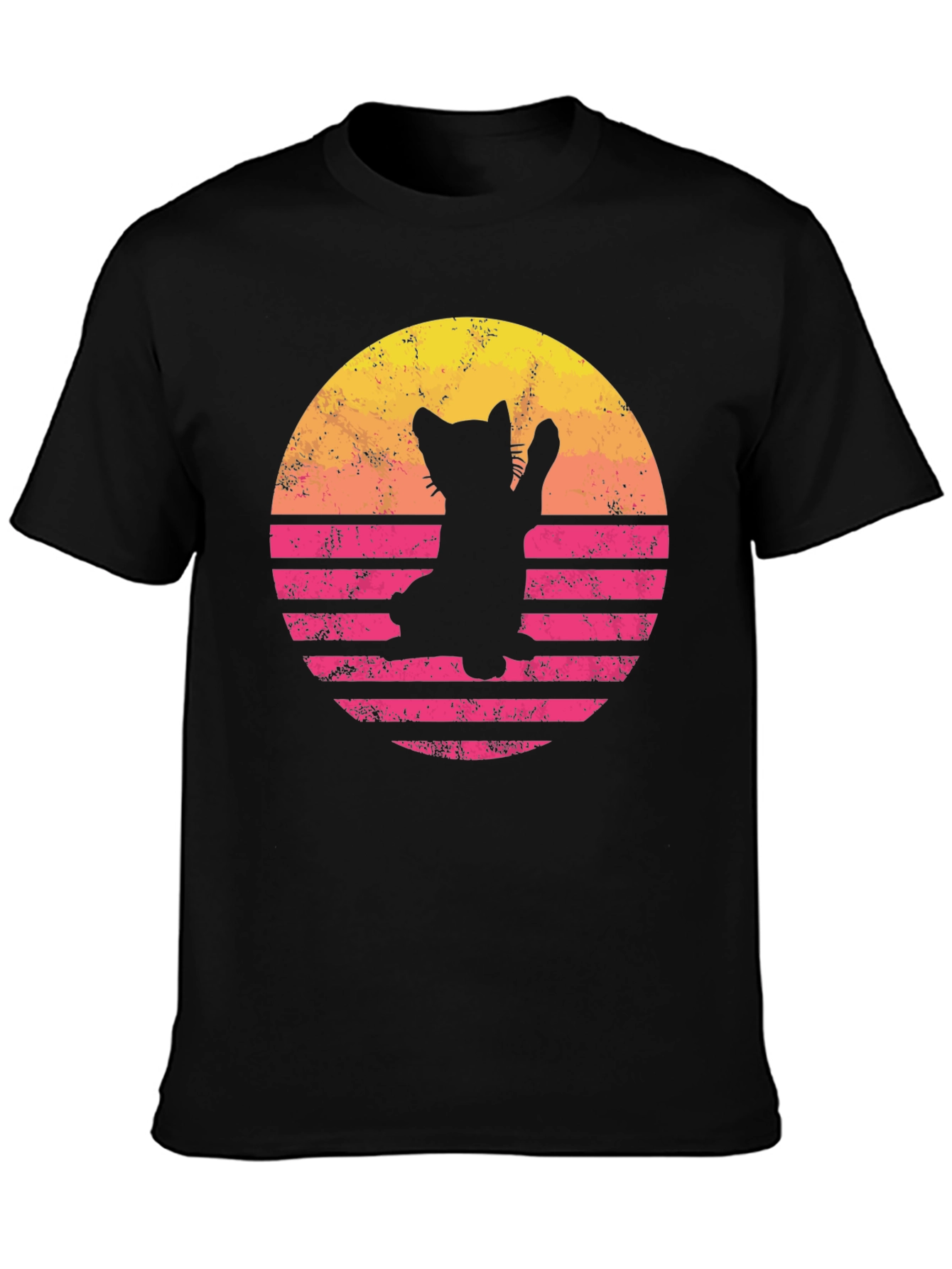 Retro Cat Sunset Graphic Tee - Black
