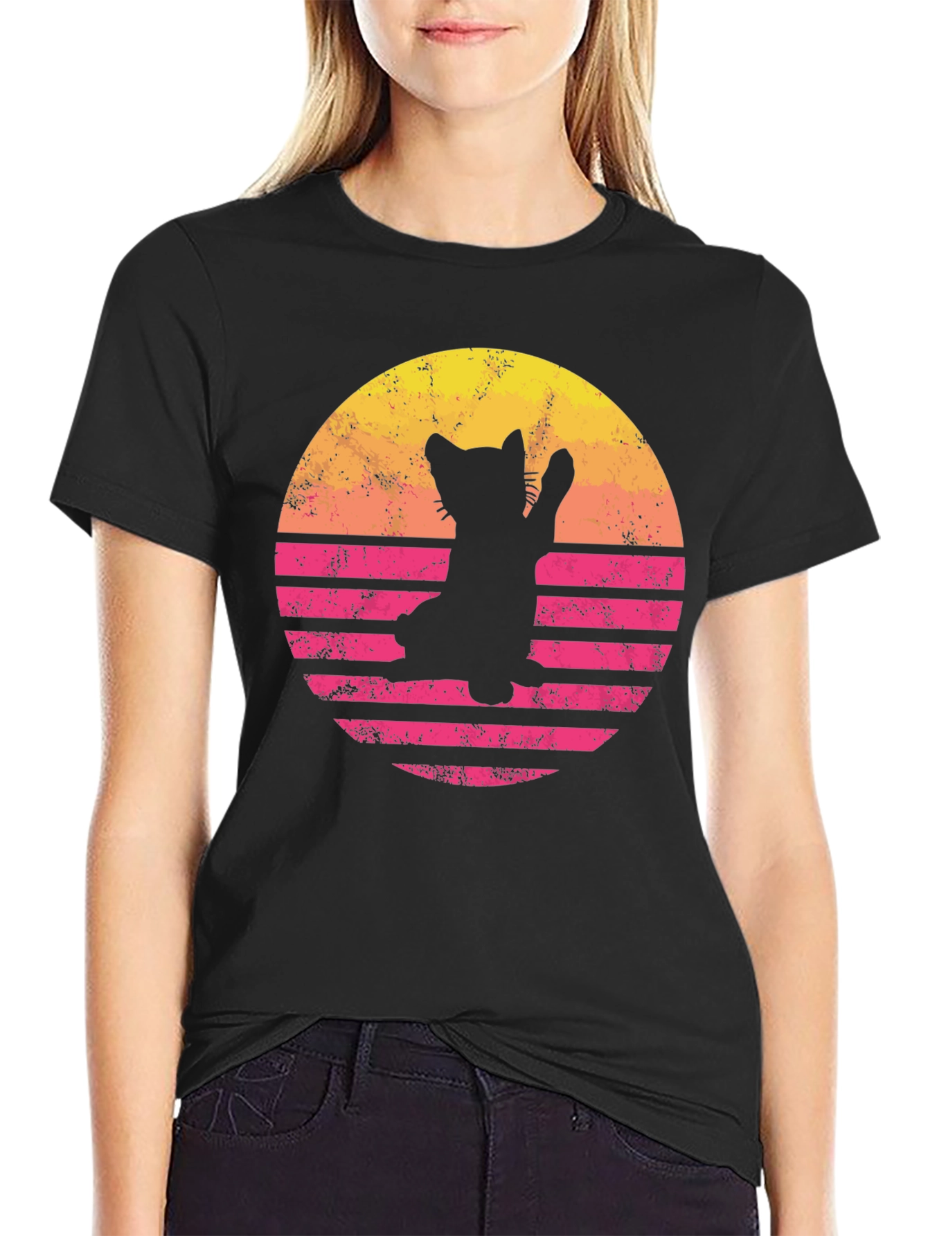 Retro Cat Sunset Graphic Tee - Black