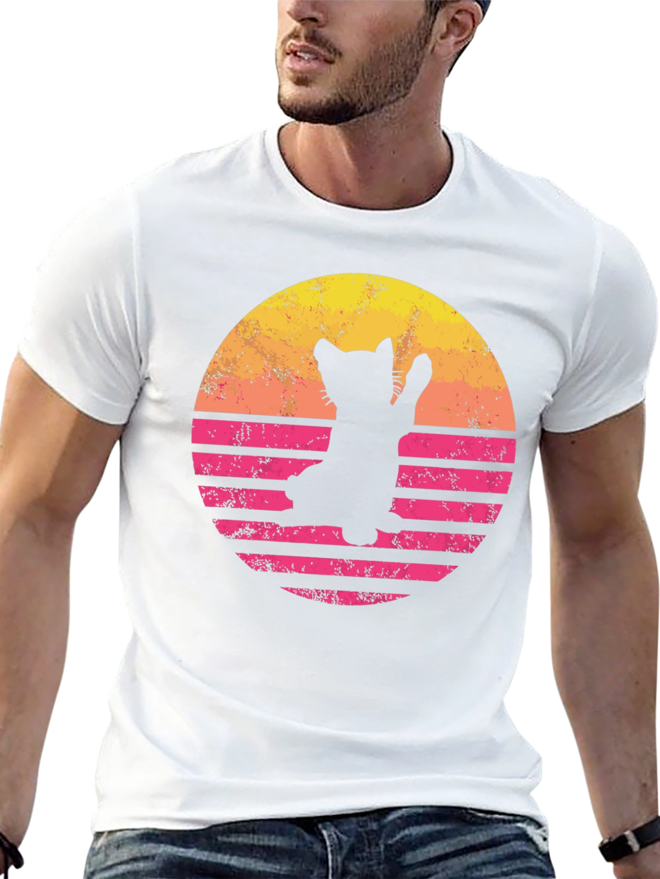 Retro Cat Sunset Graphic Tee - Black
