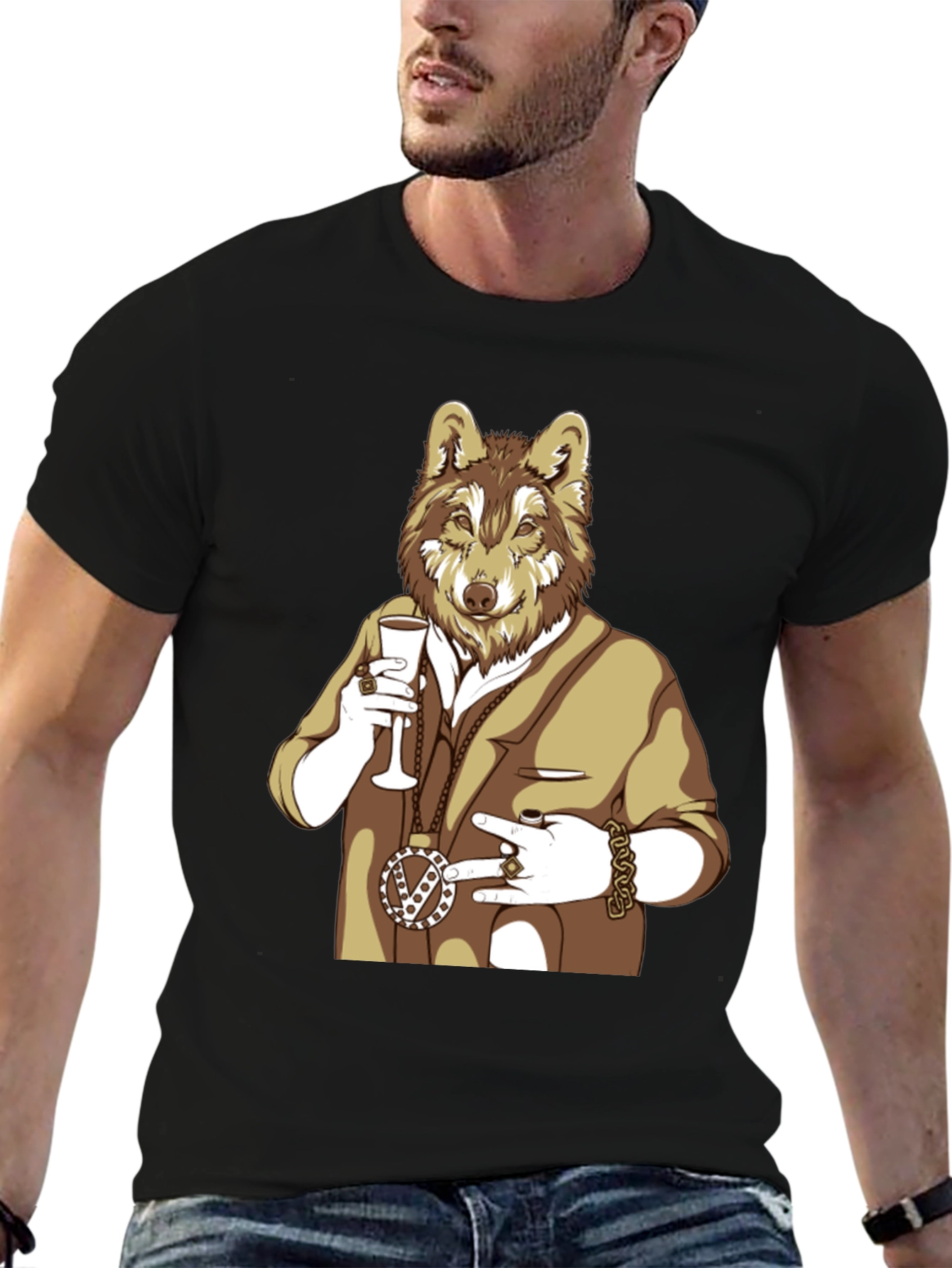 Wolf Gangster Graphic T-Shirt - Black