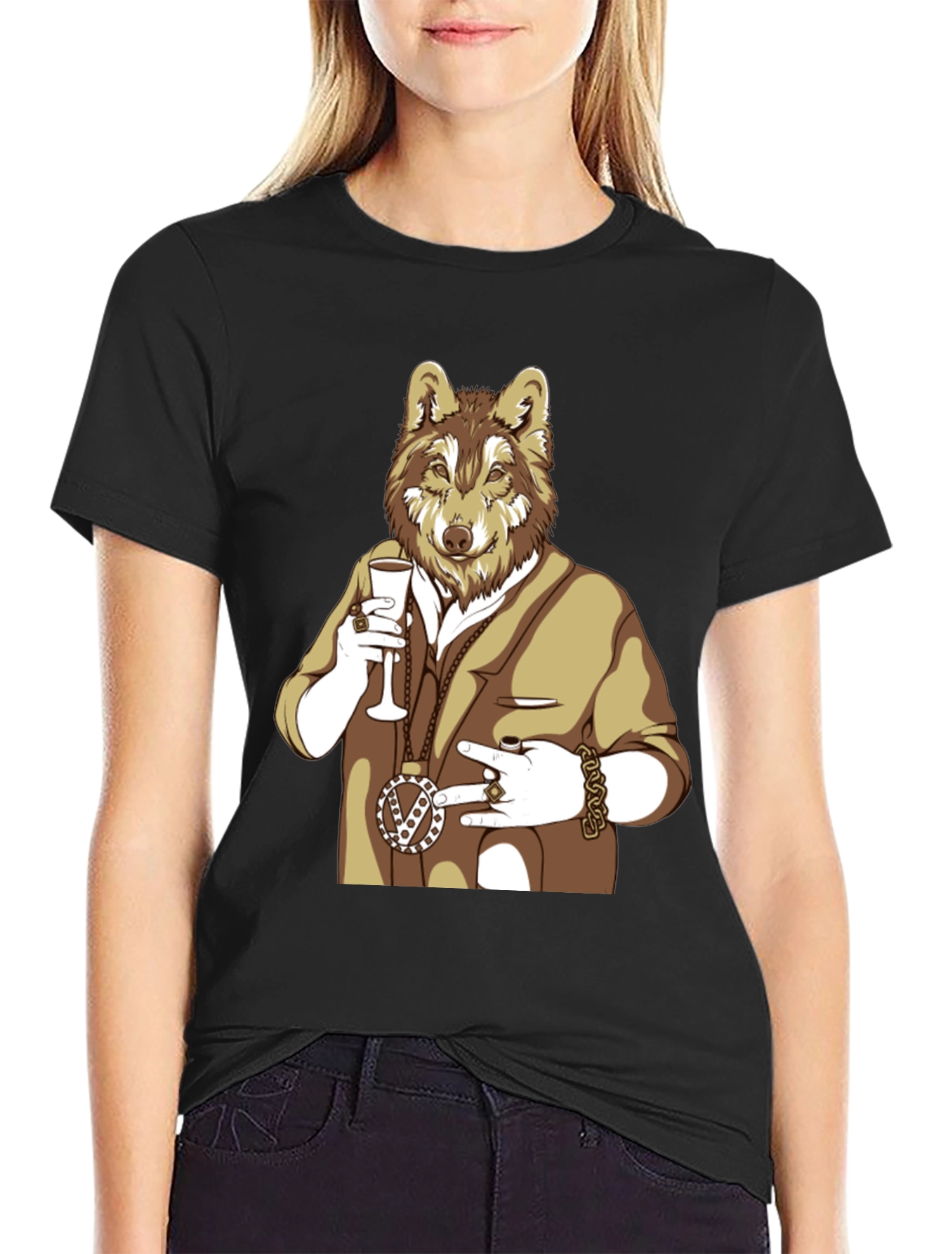 Wolf Gangster Graphic T-Shirt - Black