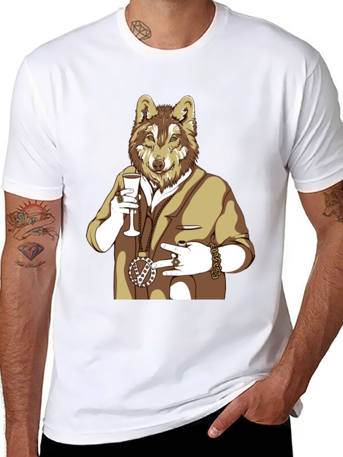 Wolf Gangster Graphic T-Shirt - Black