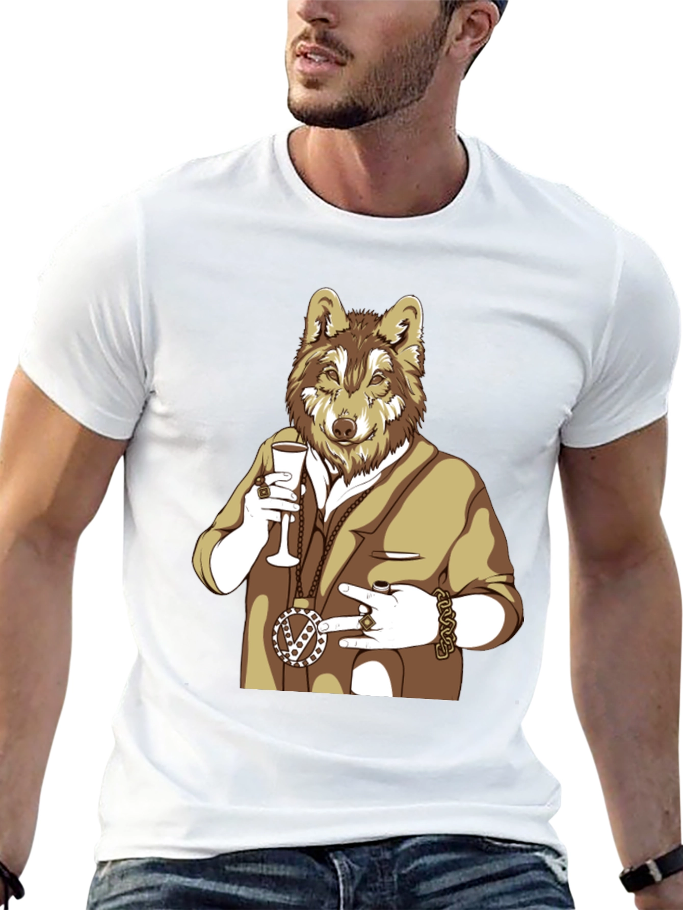 Wolf Gangster Graphic T-Shirt - Black
