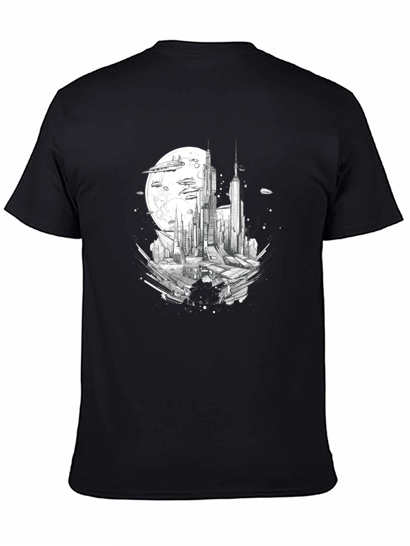 Futuristic Cityscape Graphic Tee - Black Cotton Blend