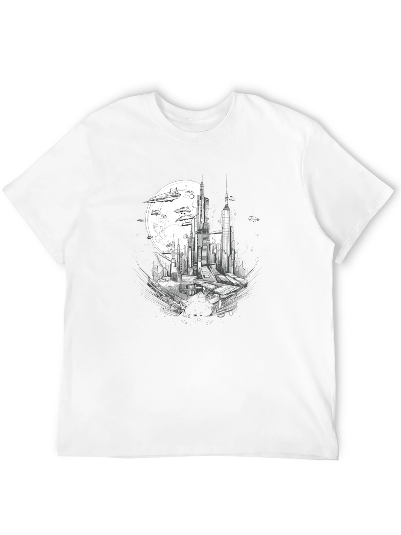 Futuristic Cityscape Graphic Tee - Black Cotton Blend