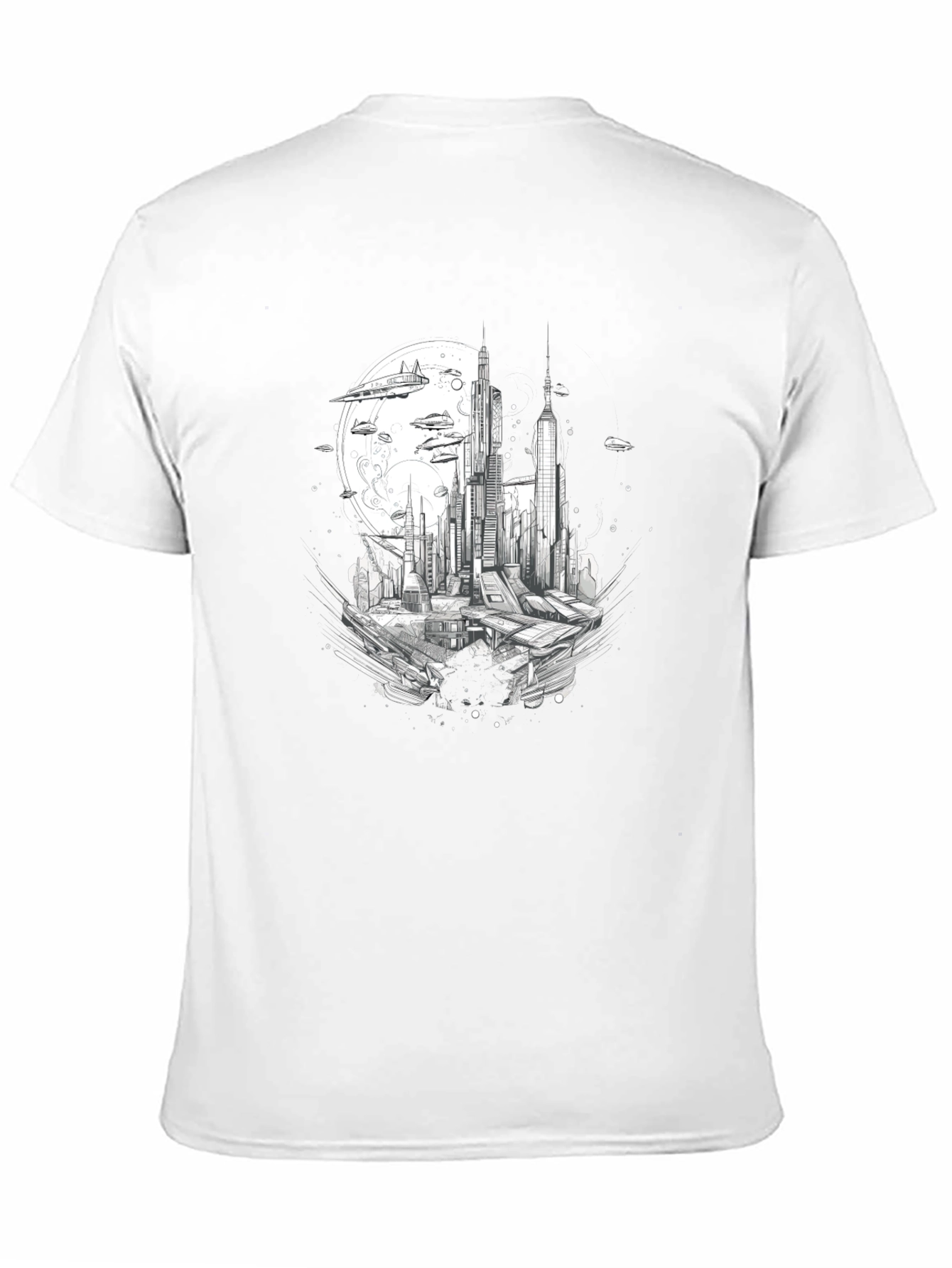 Futuristic Cityscape Graphic Tee - Black Cotton Blend