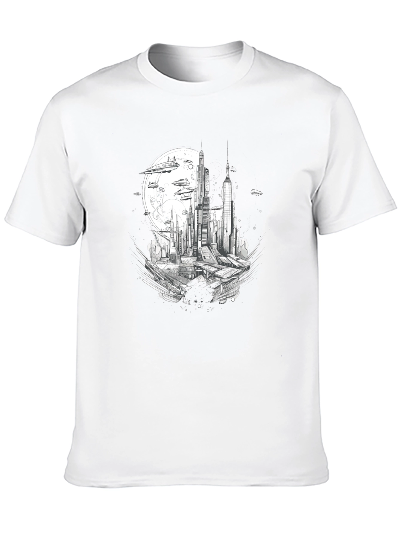 Futuristic Cityscape Graphic Tee - Black Cotton Blend