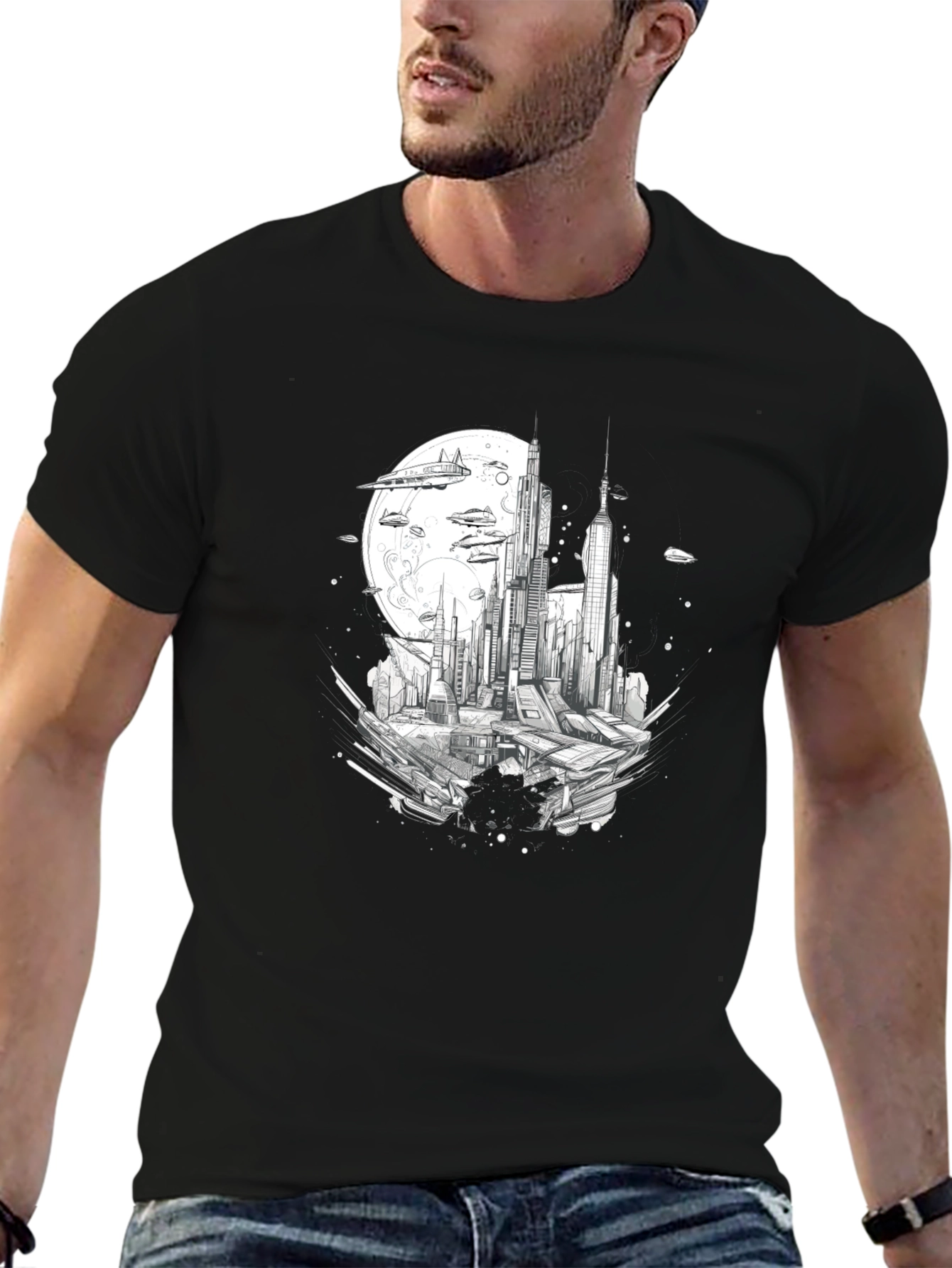 Futuristic Cityscape Graphic Tee - Black Cotton Blend