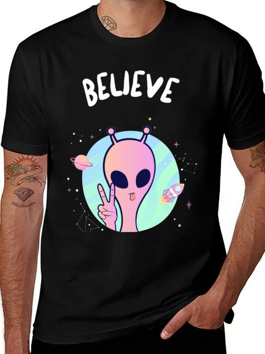 Believe Alien Graphic T-Shirt - Black Crew Neck Tee