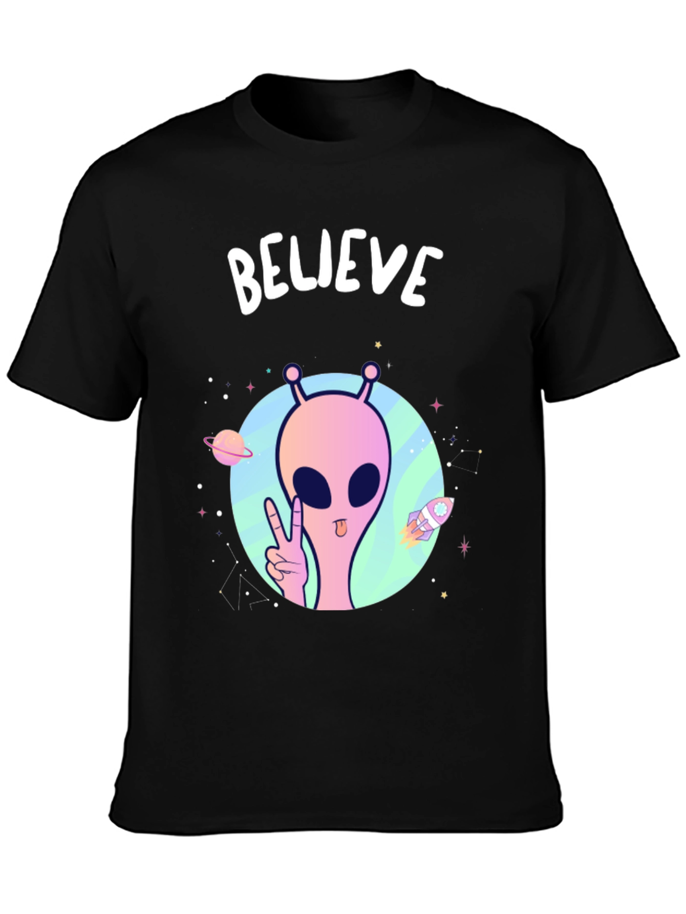 Believe Alien Graphic T-Shirt - Black Crew Neck Tee