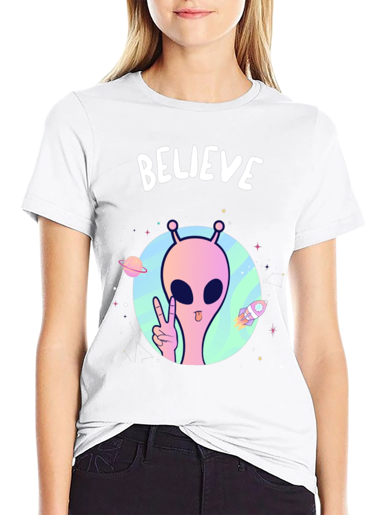 Believe Alien Graphic T-Shirt - Black Crew Neck Tee