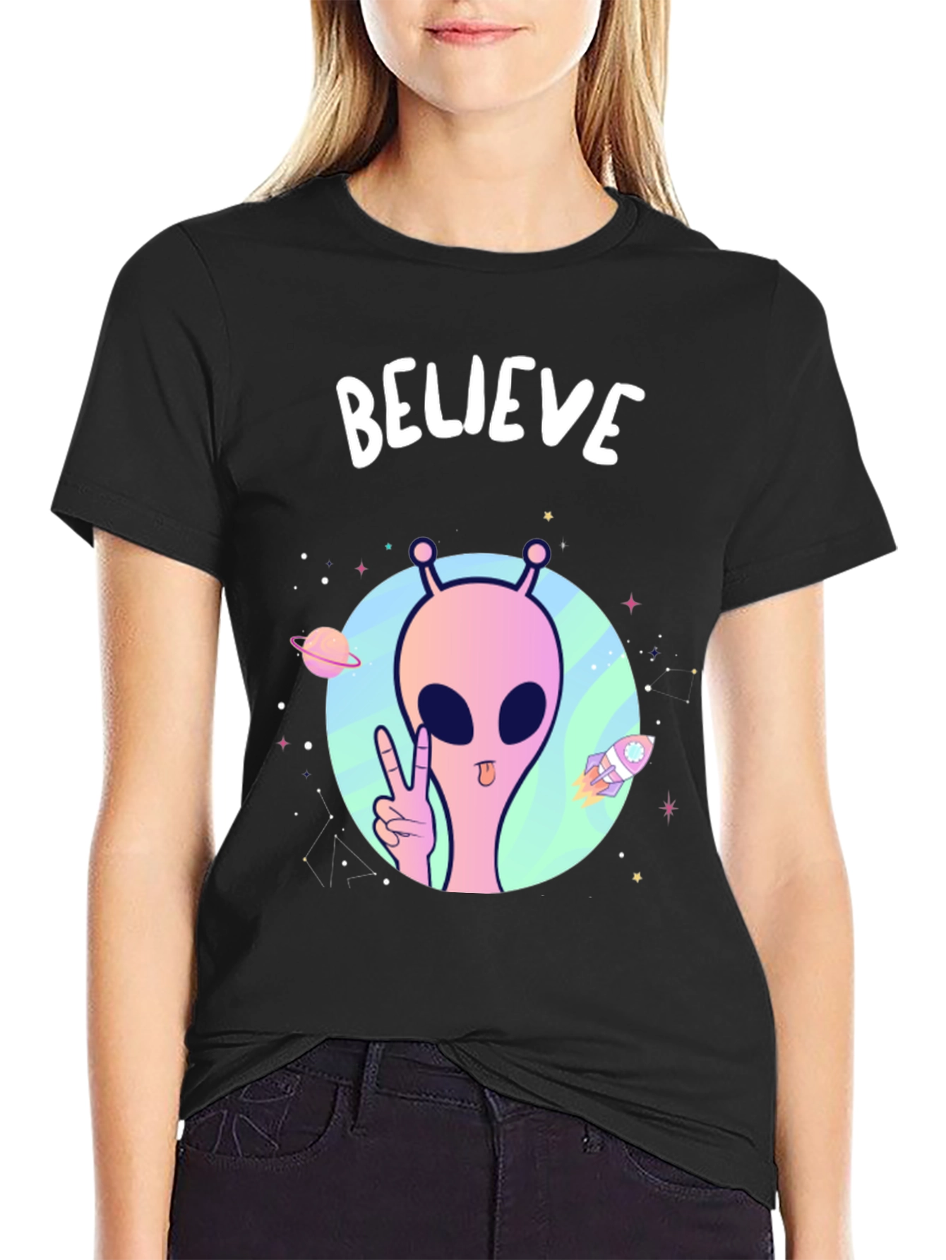 Believe Alien Graphic T-Shirt - Black Crew Neck Tee