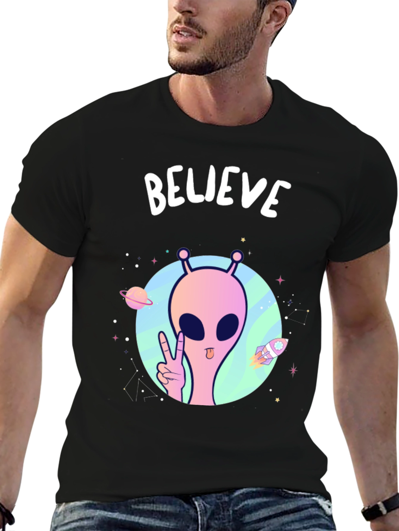 Believe Alien Graphic T-Shirt - Black Crew Neck Tee
