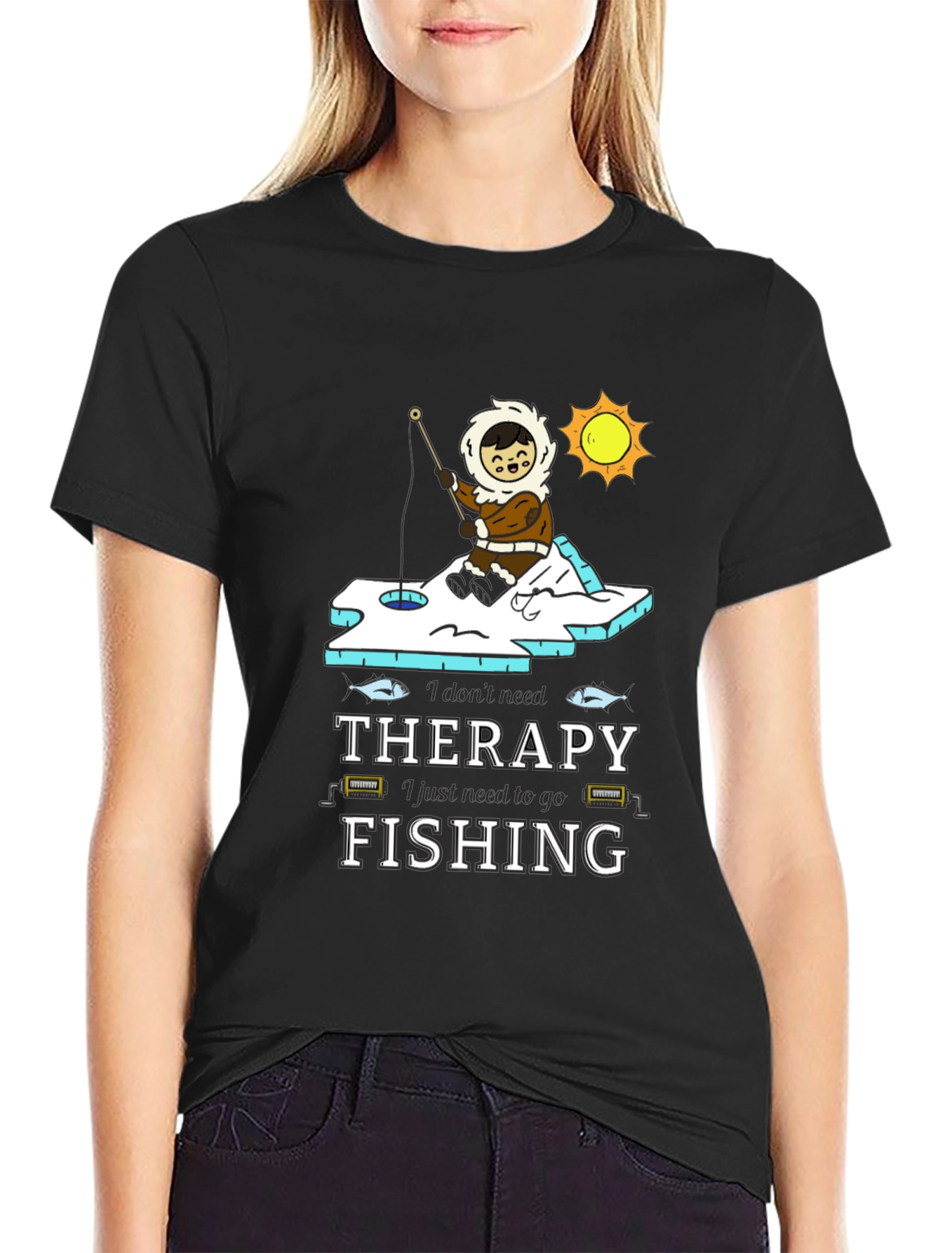 Fishing Therapy T-Shirt - Black Crew Neck Tee