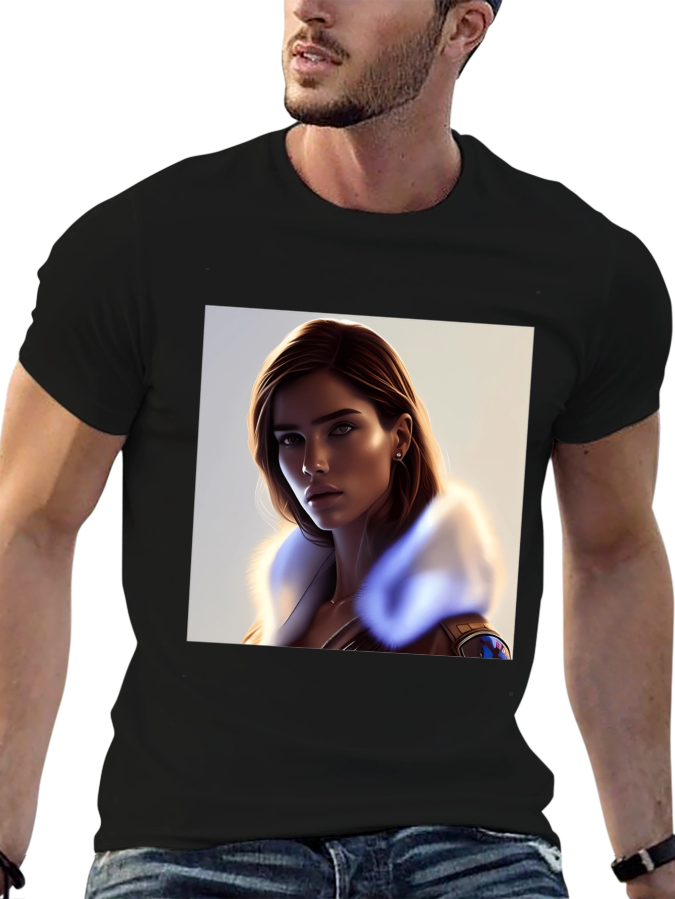 Stylish Black T-Shirt with Woman Portrait