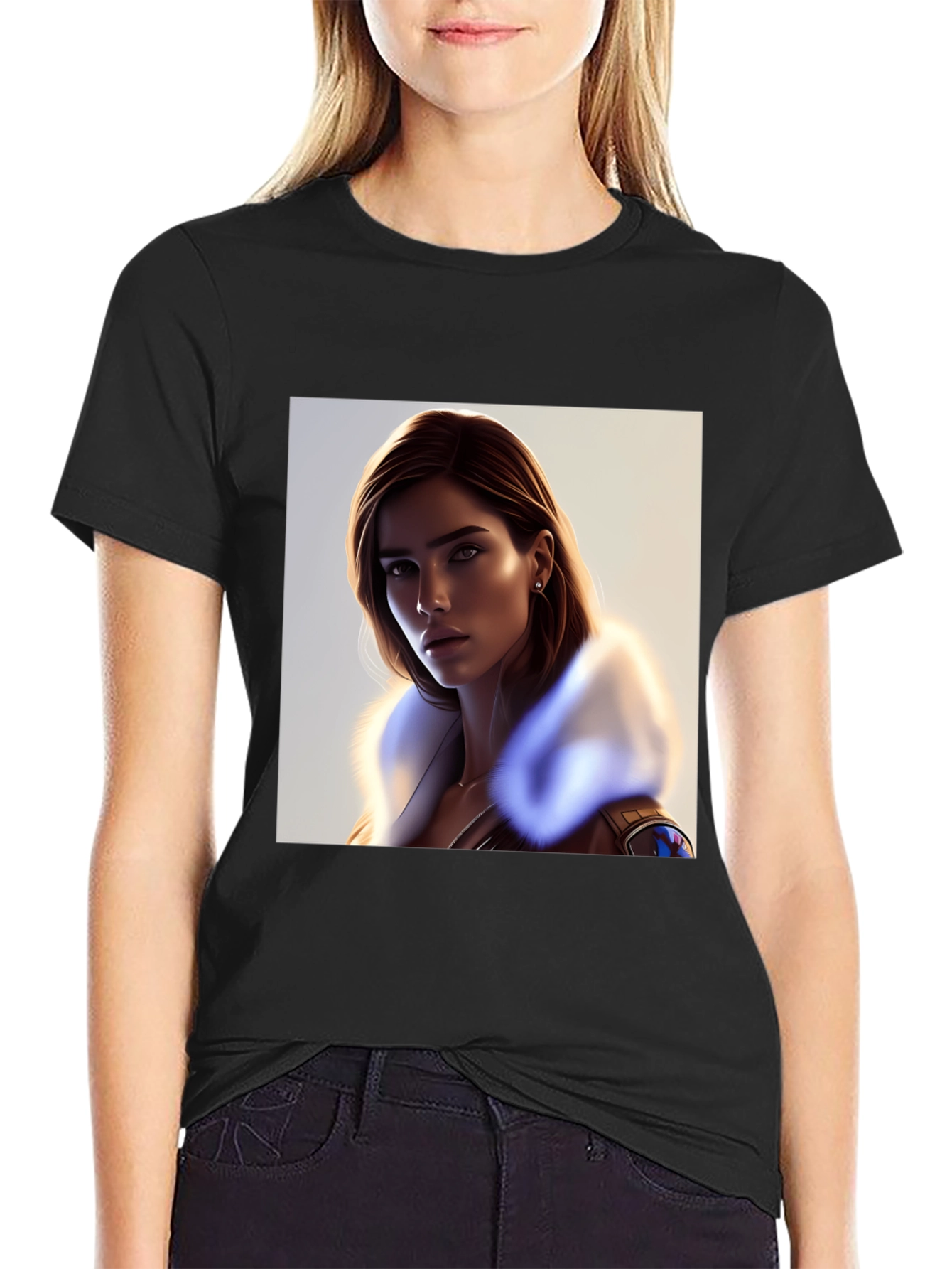 Stylish Black T-Shirt with Woman Portrait
