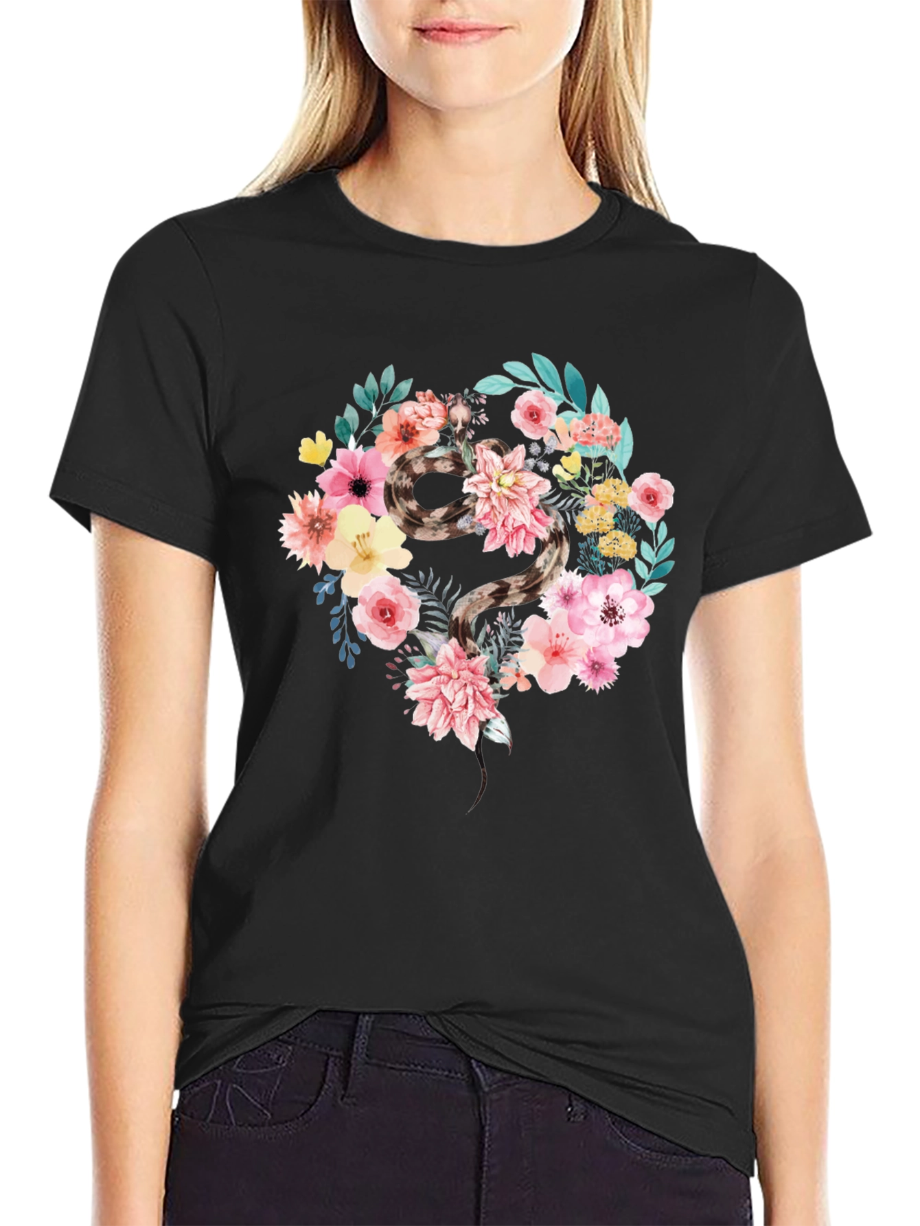 Floral Snake Graphic Tee - Unique Artistic Design