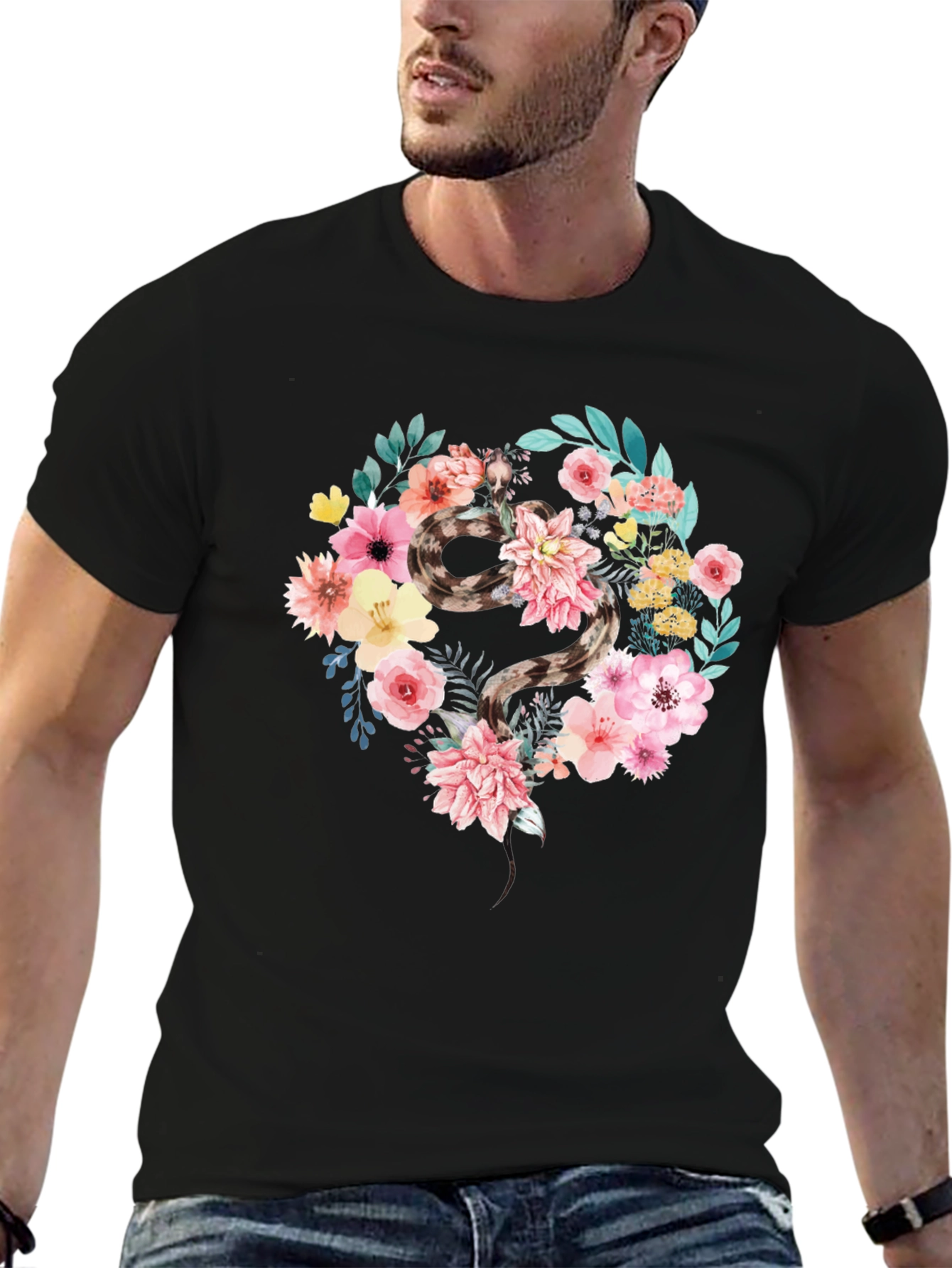 Floral Snake Graphic Tee - Unique Artistic Design