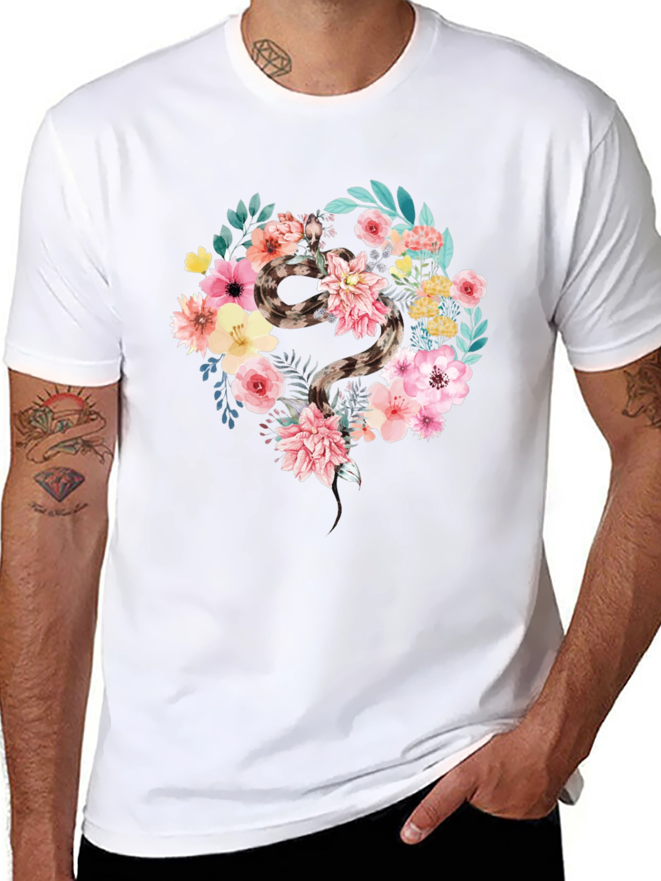 Floral Snake Graphic Tee - Unique Artistic Design