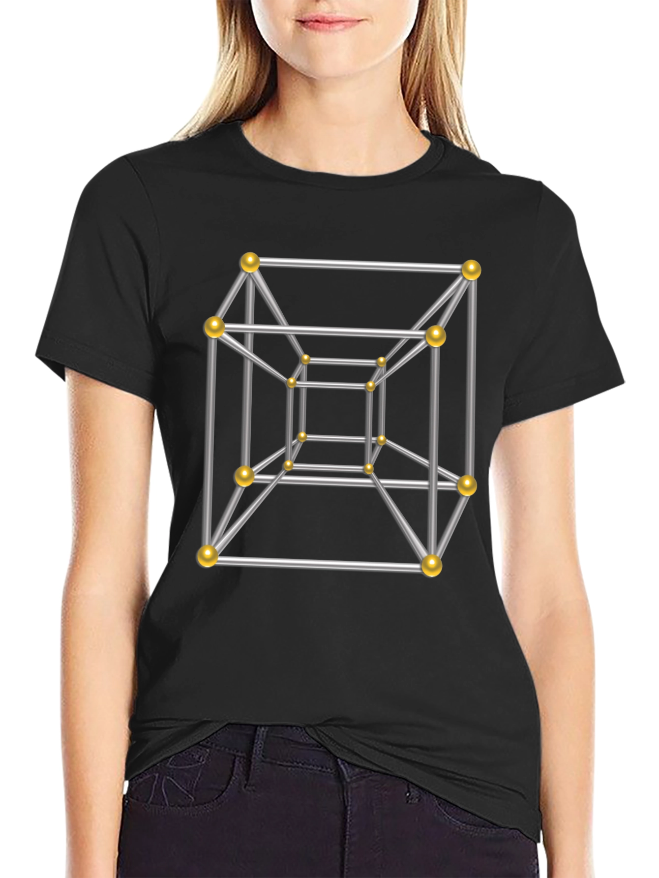 Tesseract Geometric Art Black T-Shirt