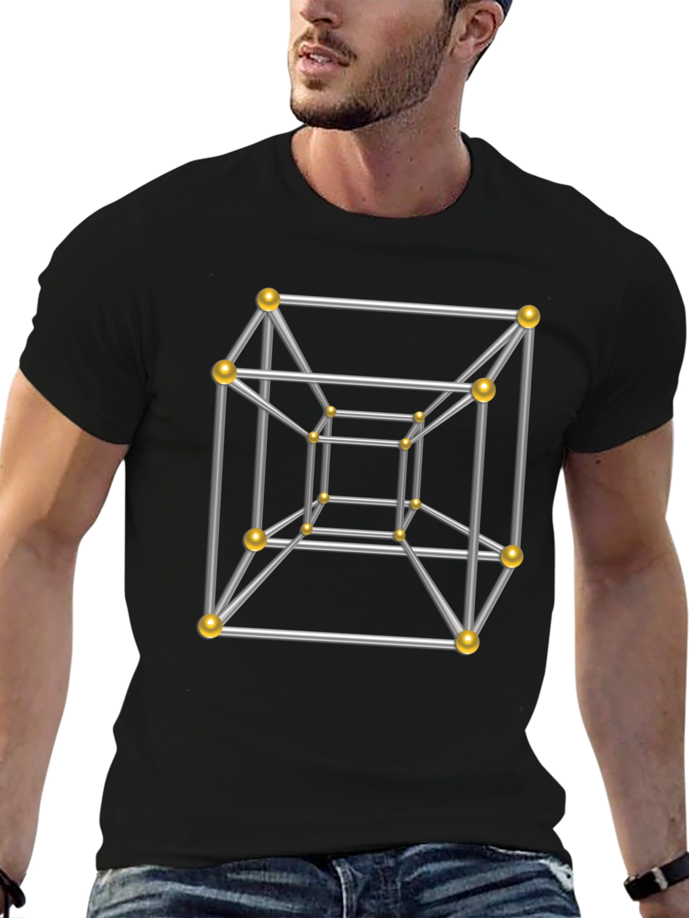 Tesseract Geometric Art Black T-Shirt