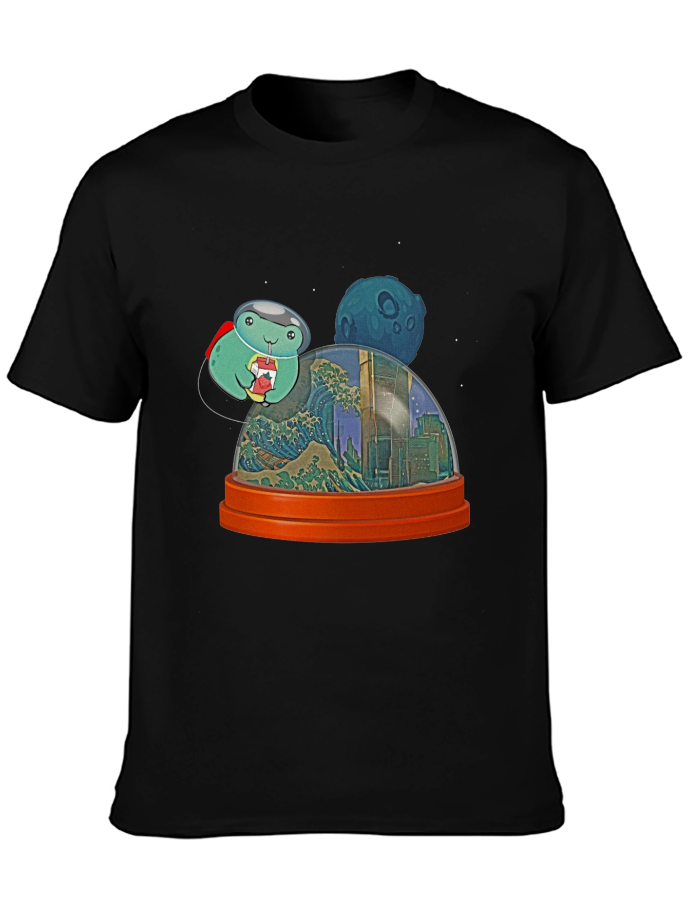 Astronaut Turtle in City Snow Globe Mens Black T-Shirt
