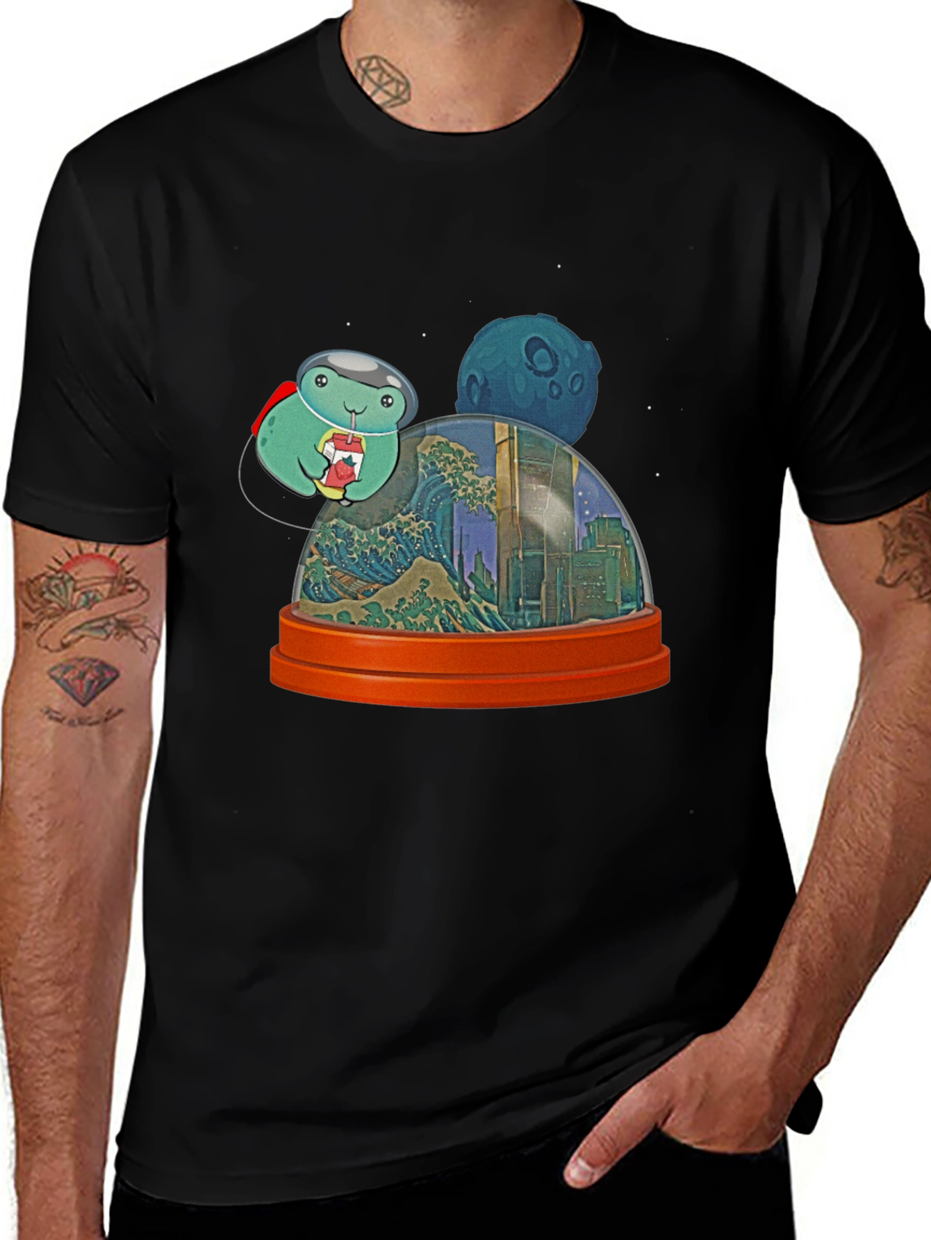 Astronaut Turtle in City Snow Globe Mens Black T-Shirt