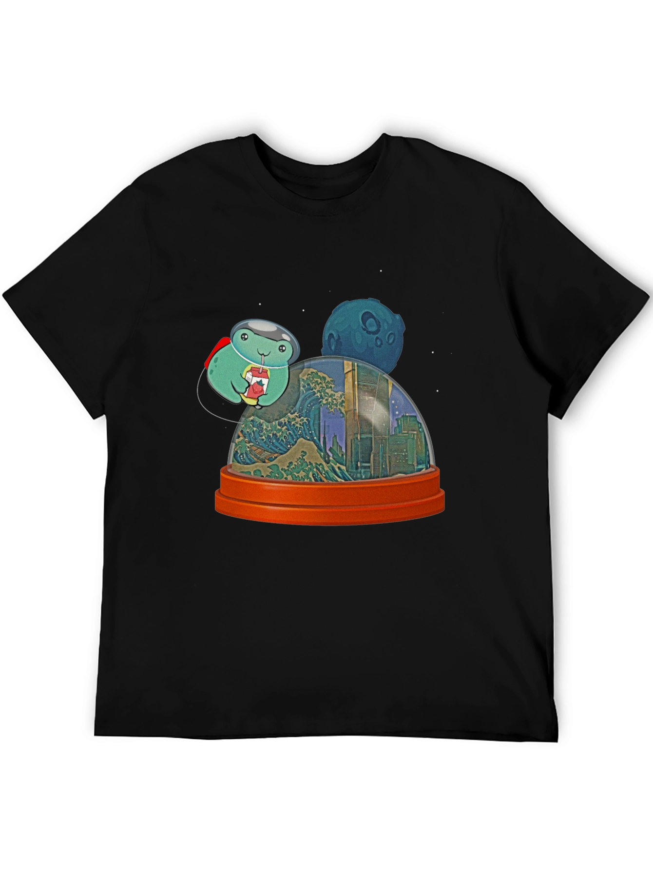 Astronaut Turtle in City Snow Globe Mens Black T-Shirt