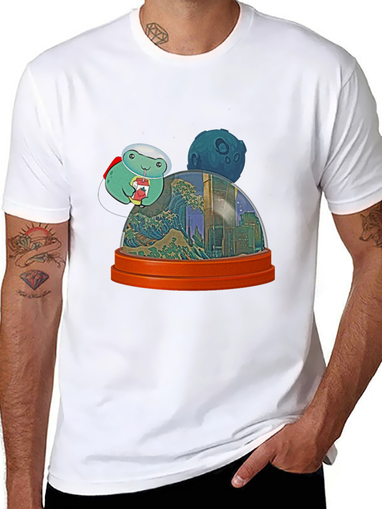 Astronaut Turtle in City Snow Globe Mens Black T-Shirt
