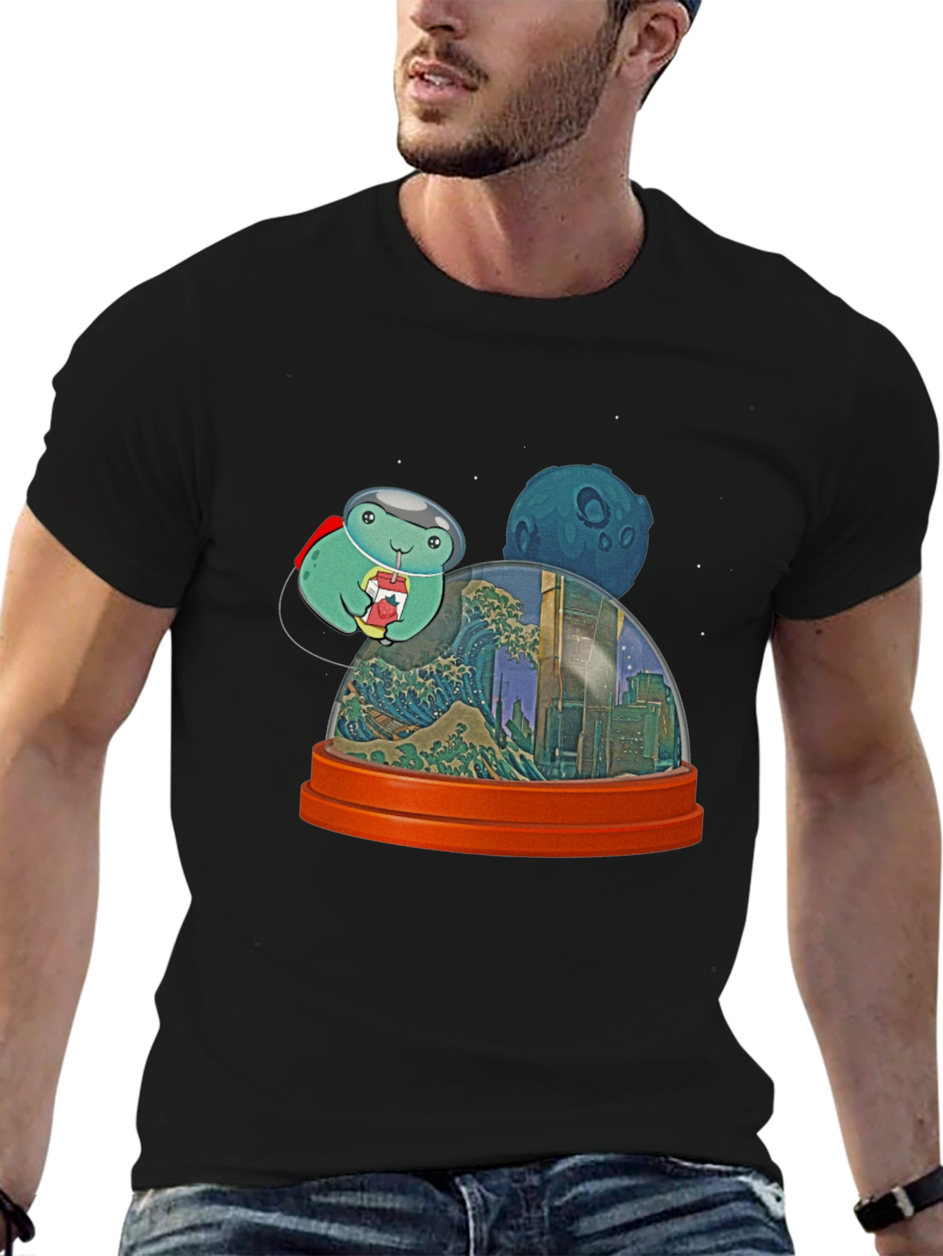 Astronaut Turtle in City Snow Globe Mens Black T-Shirt