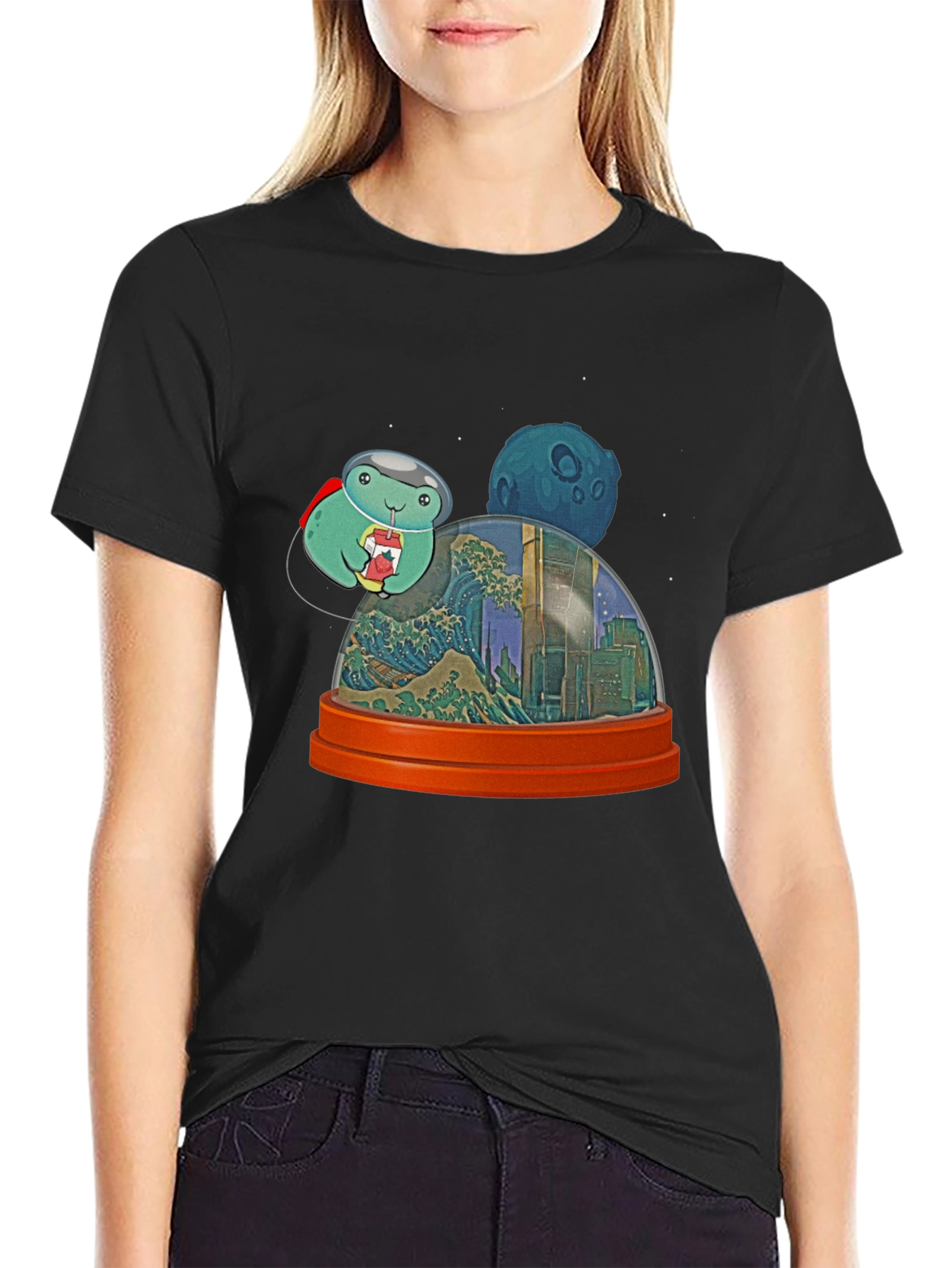 Astronaut Turtle in City Snow Globe Mens Black T-Shirt