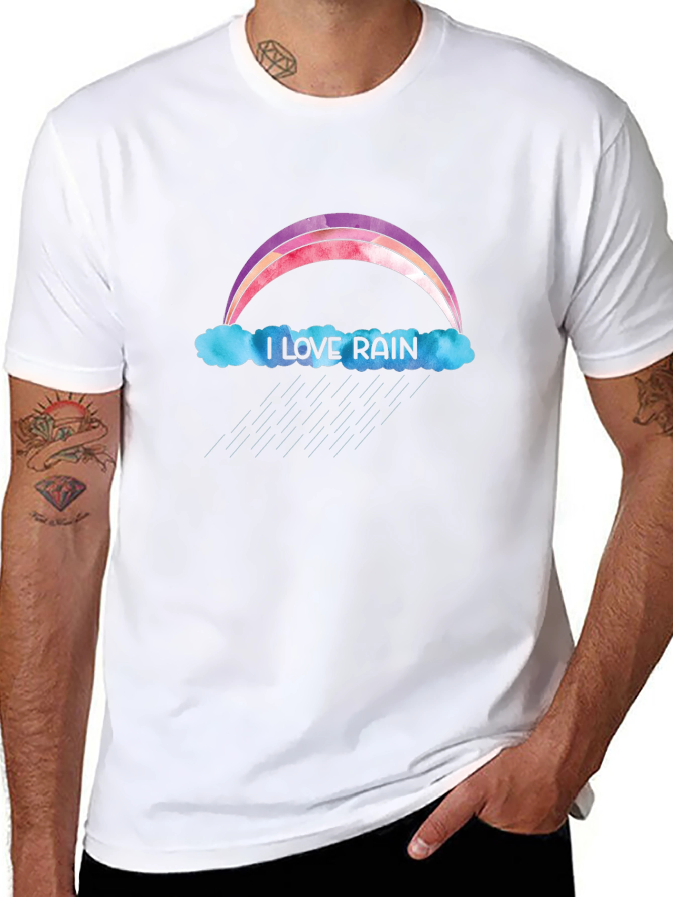 I Love Rain T-Shirt - Rainbow & Cloud Design