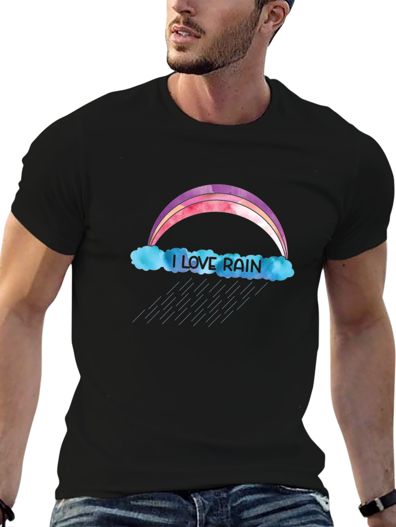 I Love Rain T-Shirt - Rainbow & Cloud Design