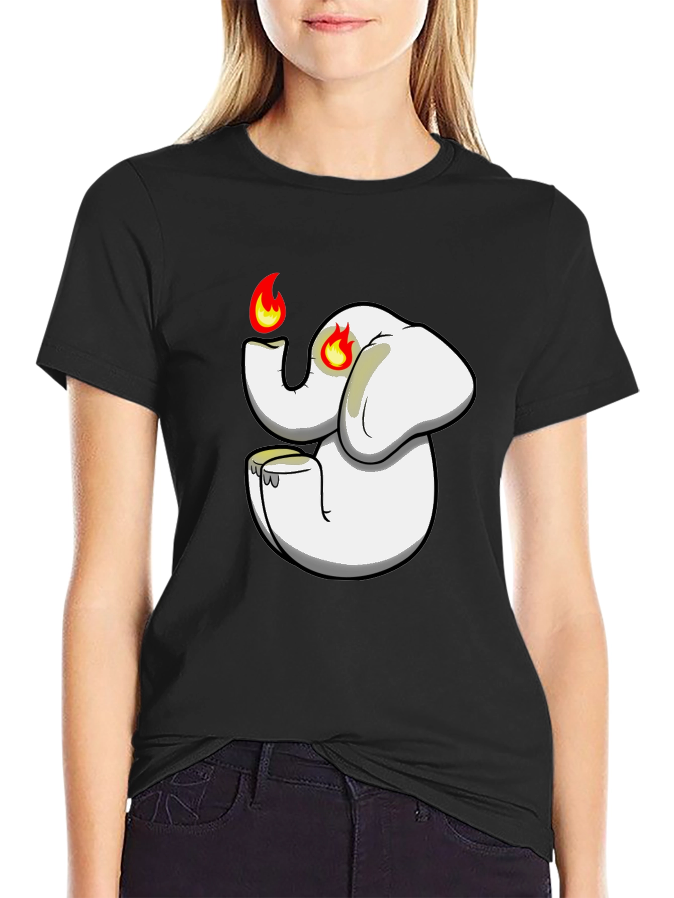Black T-Shirt with Cartoon Elephant Graphic