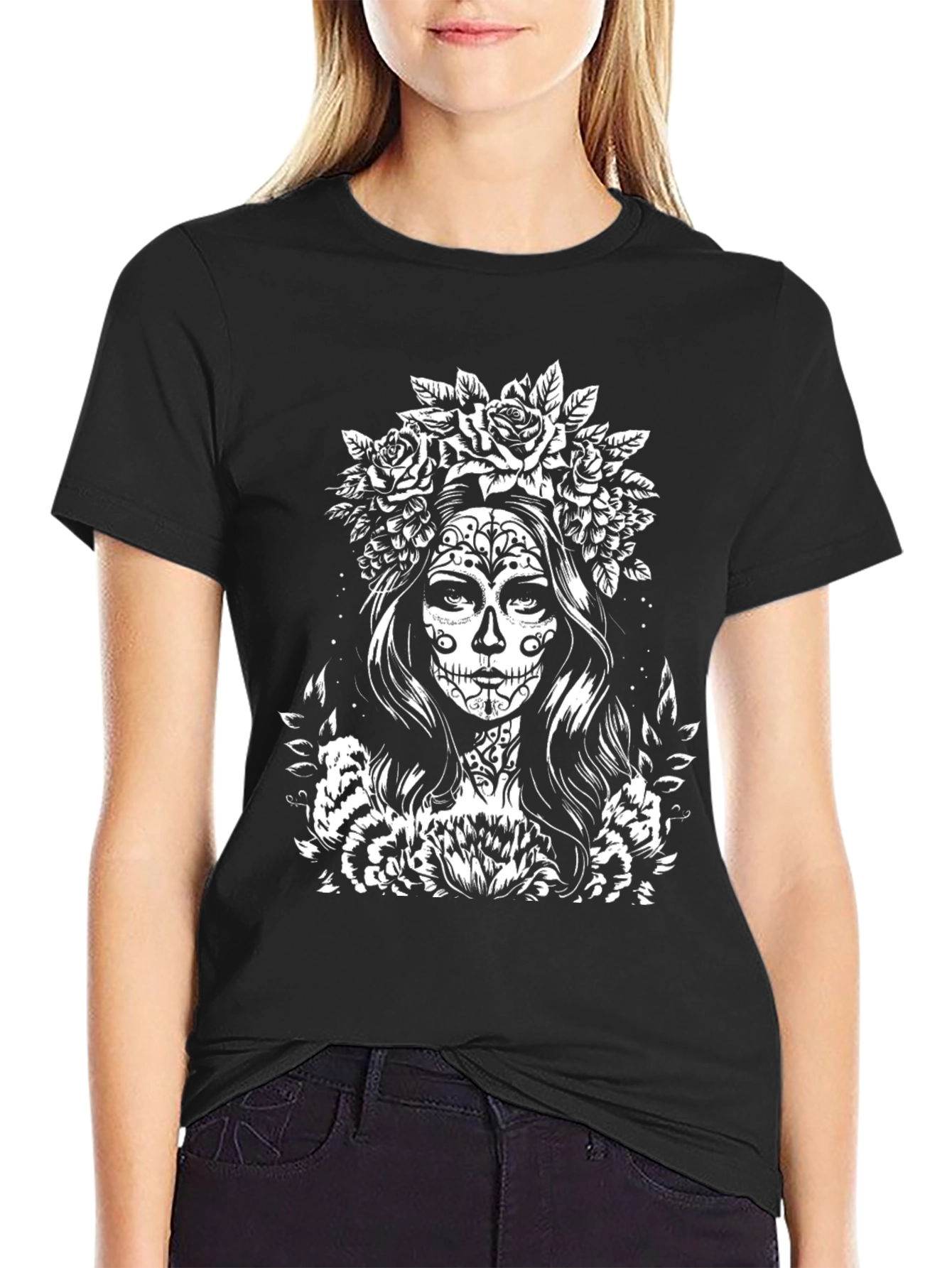 Sugar Skull Woman Graphic Tee - Black