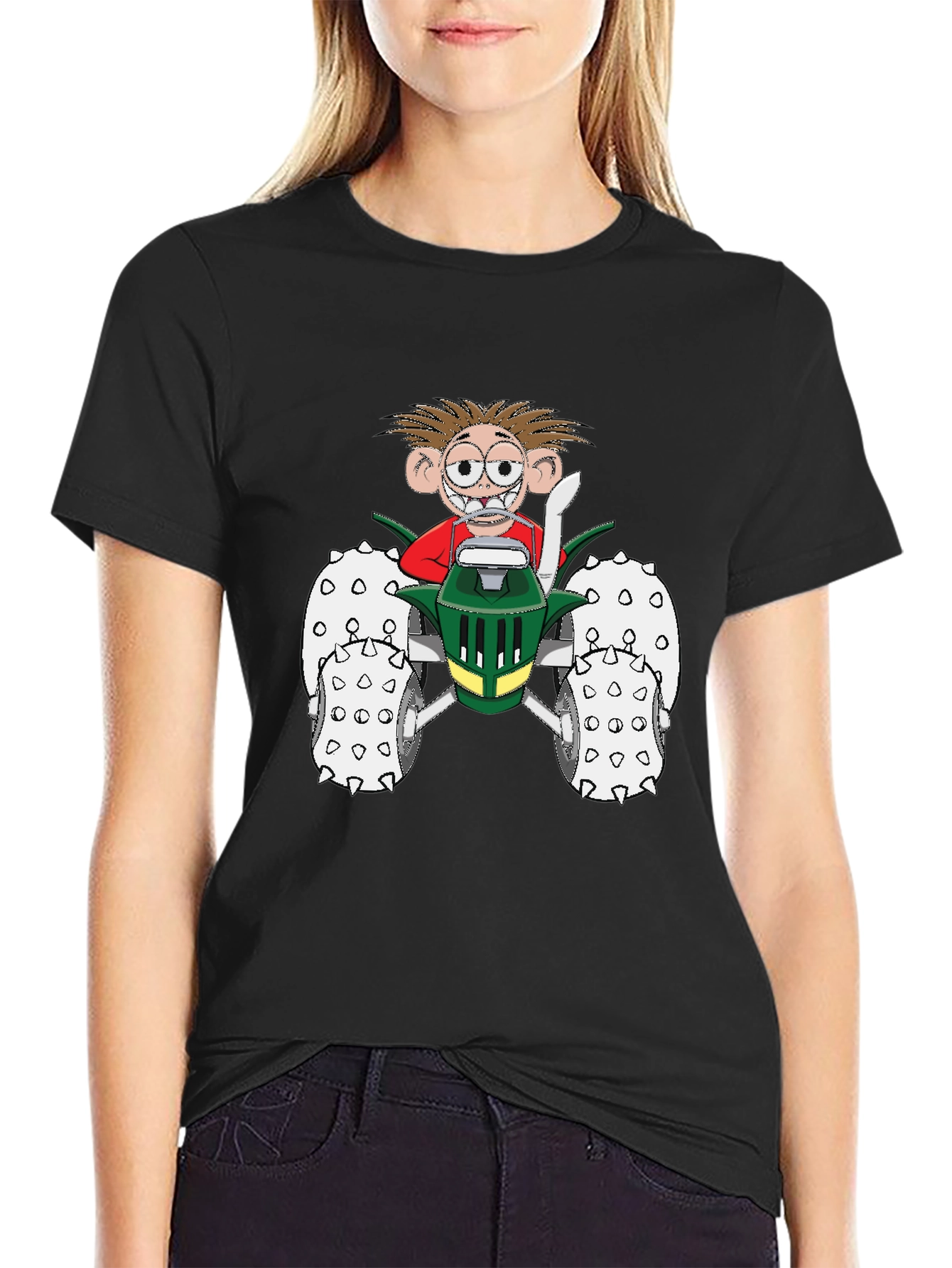 Cartoon Character on Tractor Black T-Shirt