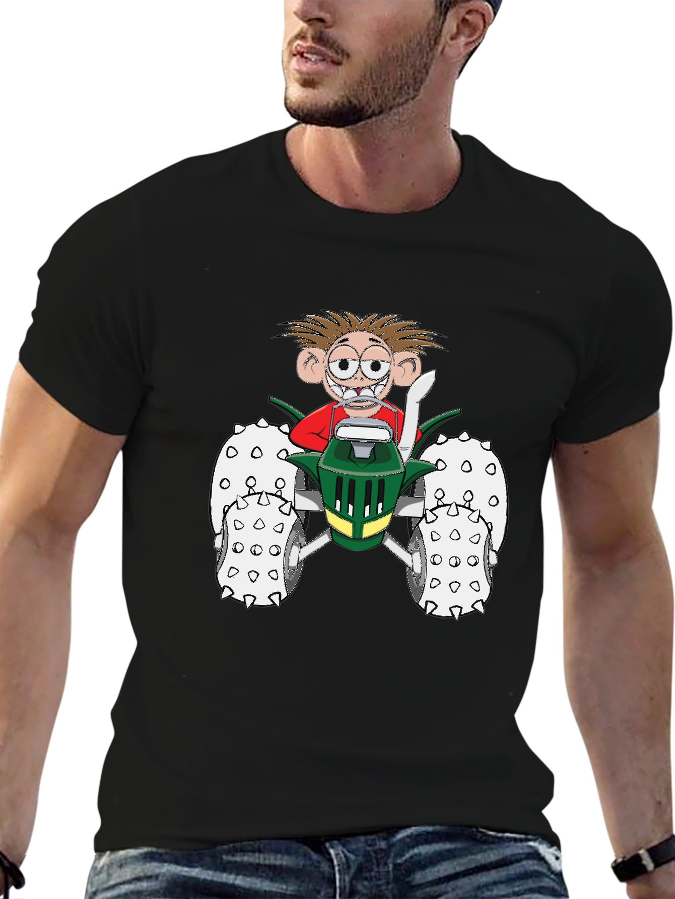 Cartoon Character on Tractor Black T-Shirt