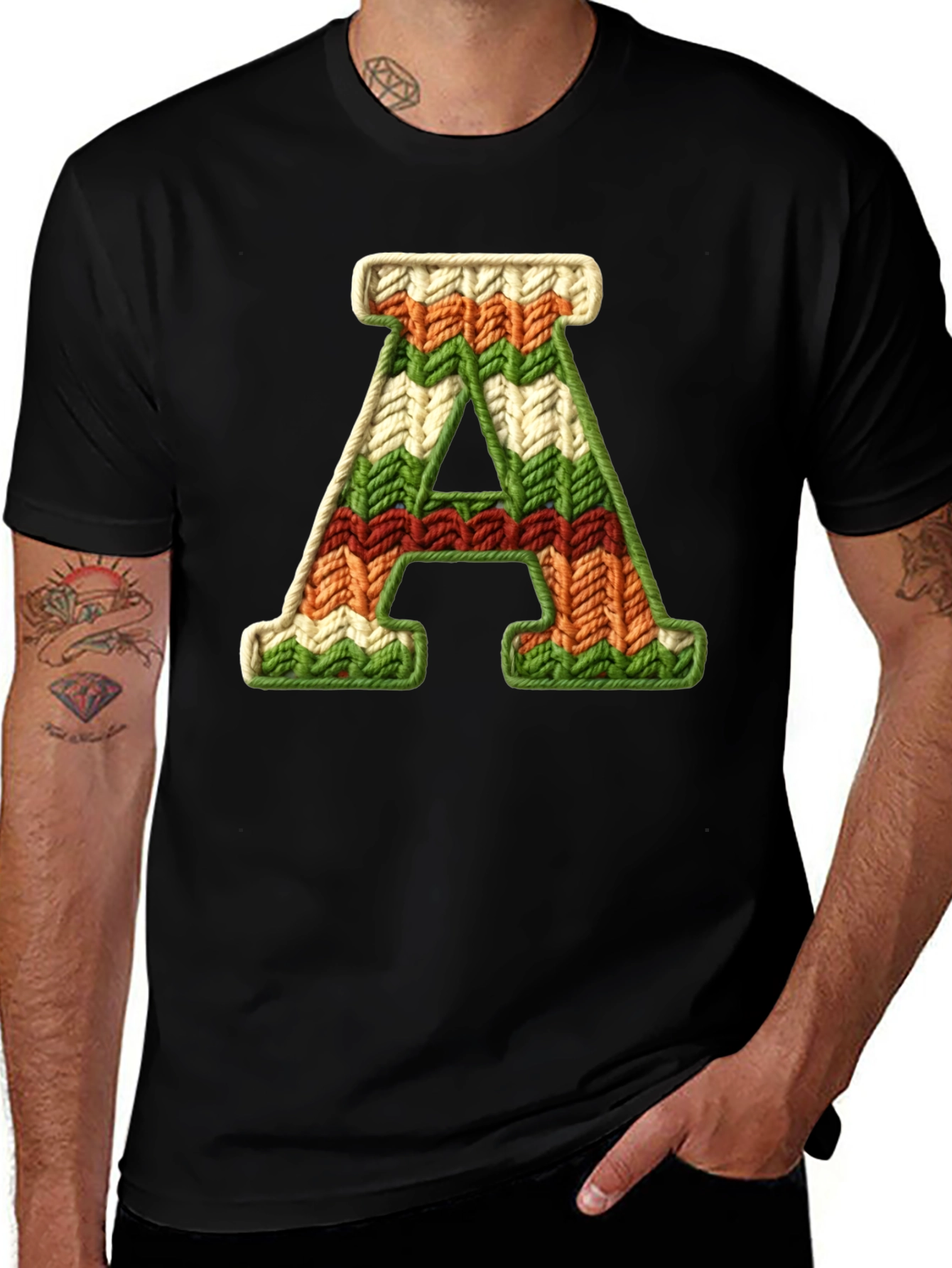 Letter A Knitted Pattern Black Tee