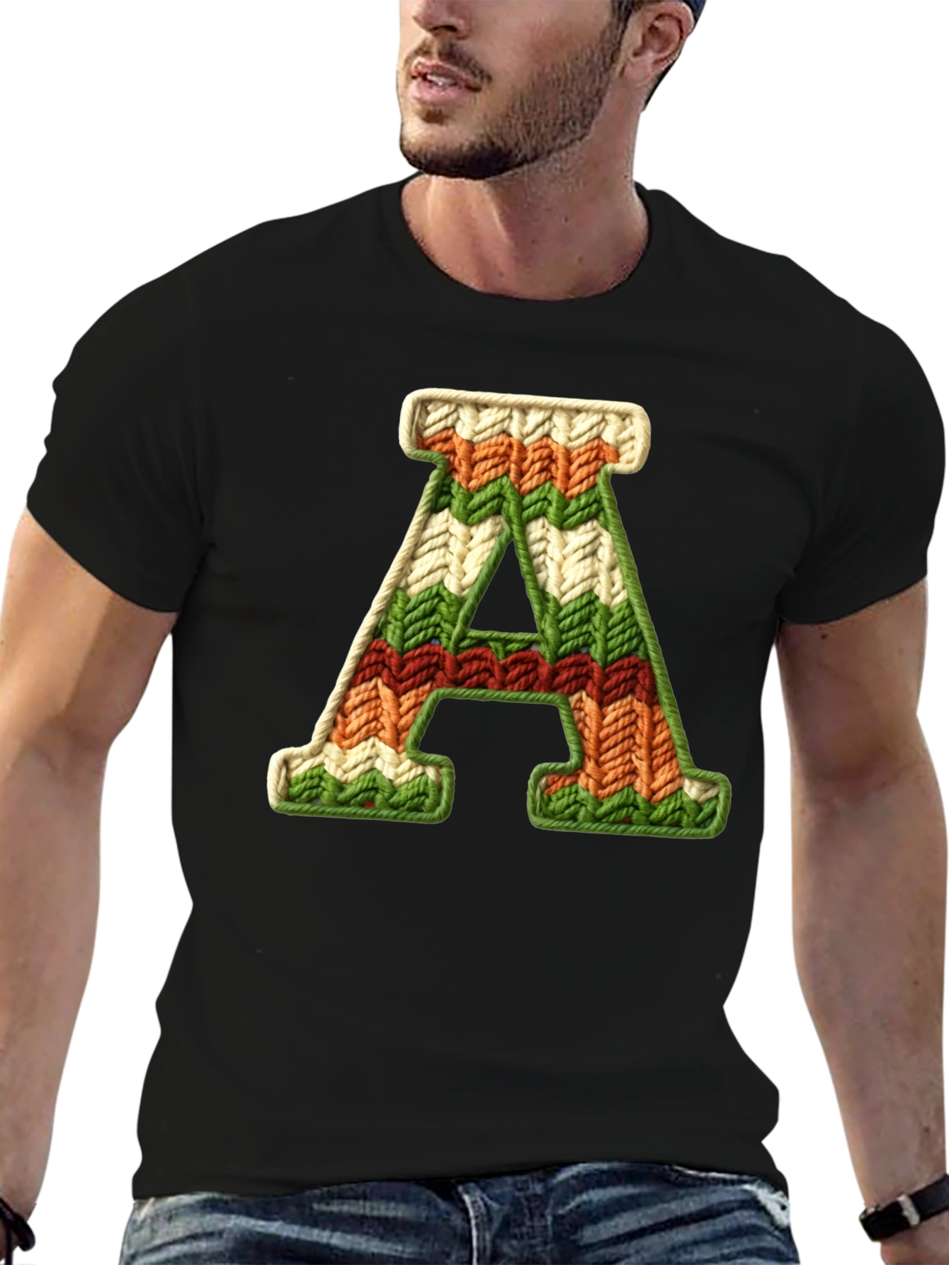 Letter A Knitted Pattern Black Tee