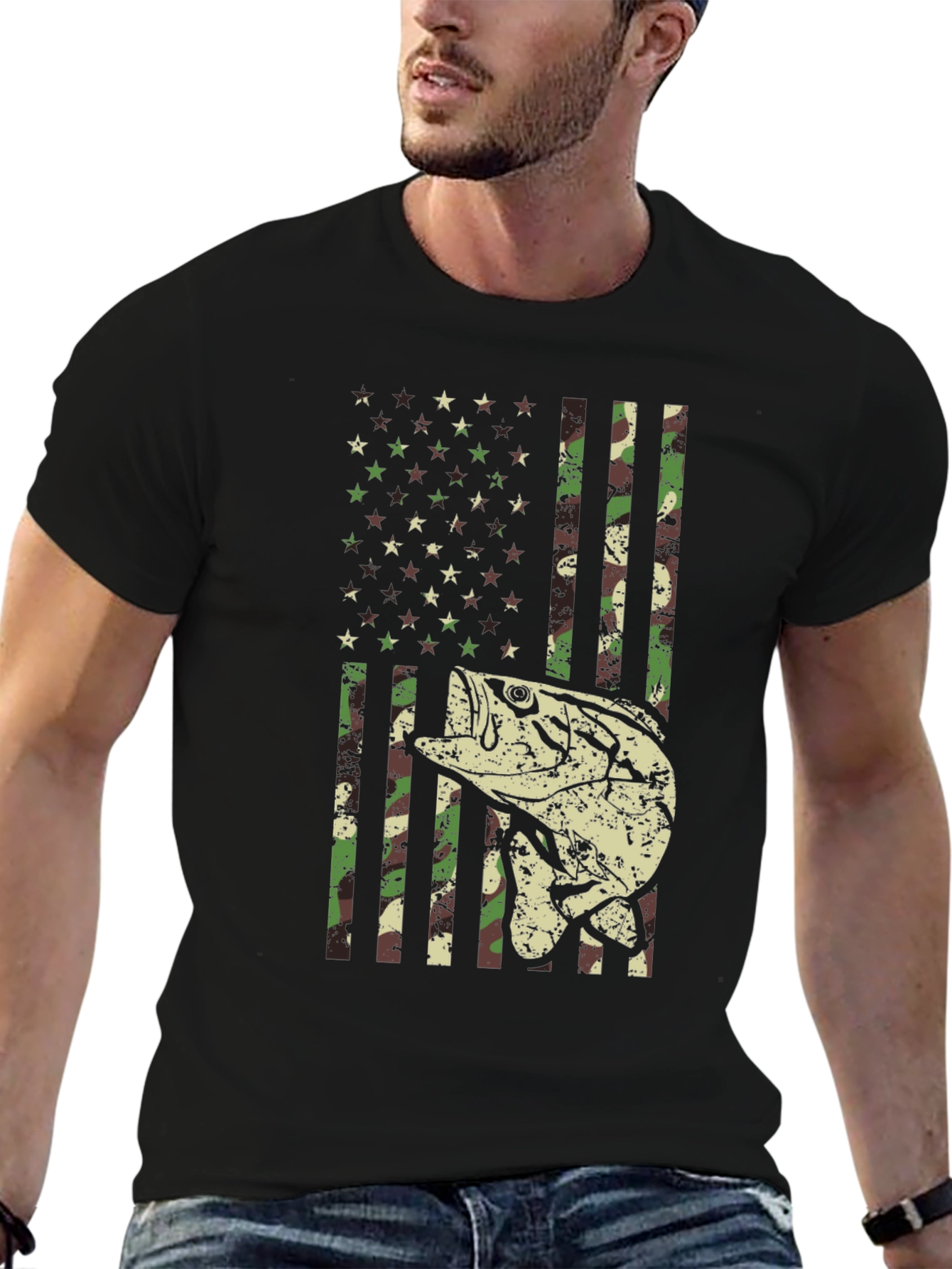 Camouflage American Flag Fishing T-Shirt